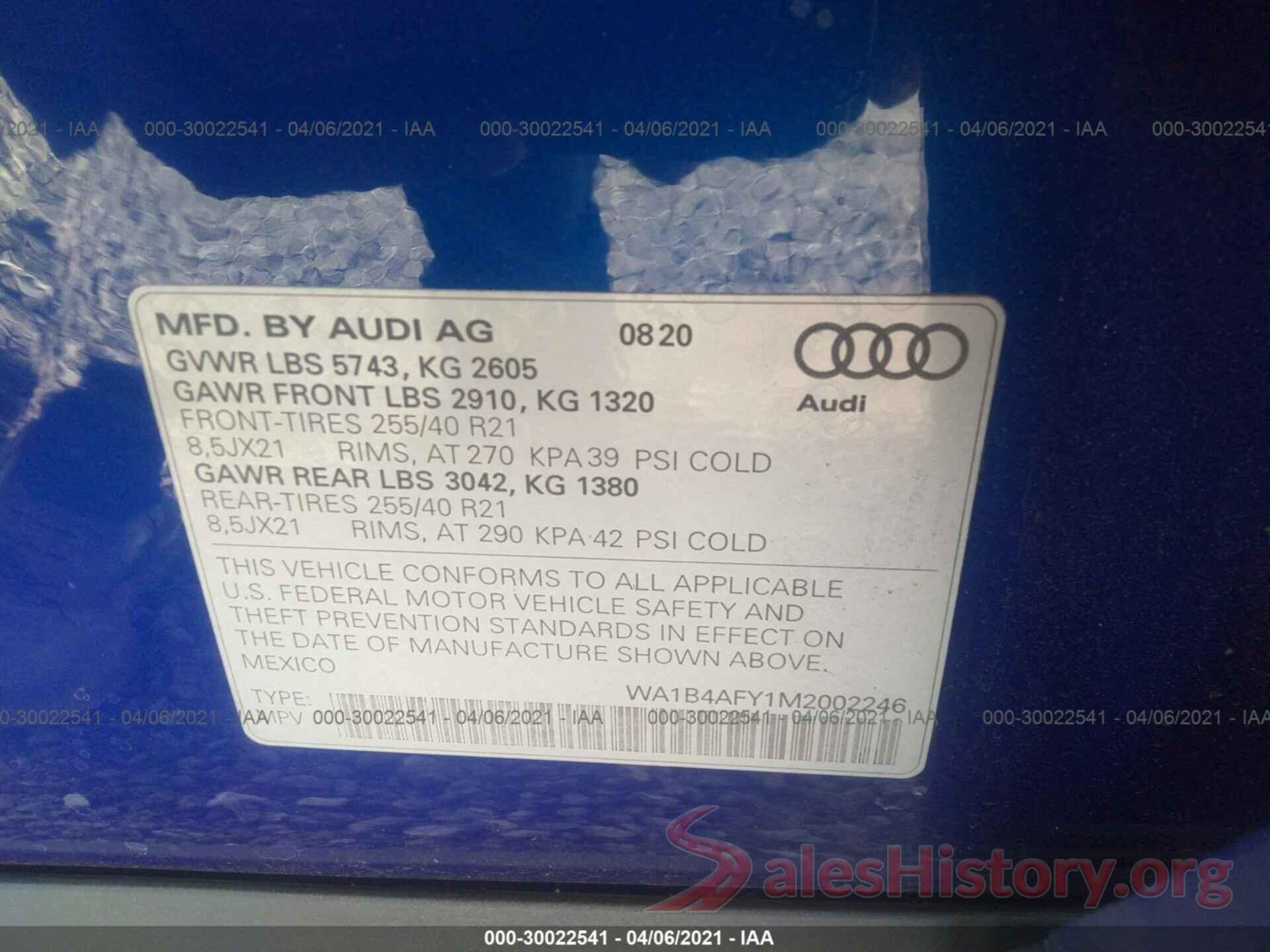 WA1B4AFY1M2002246 2021 AUDI SQ5