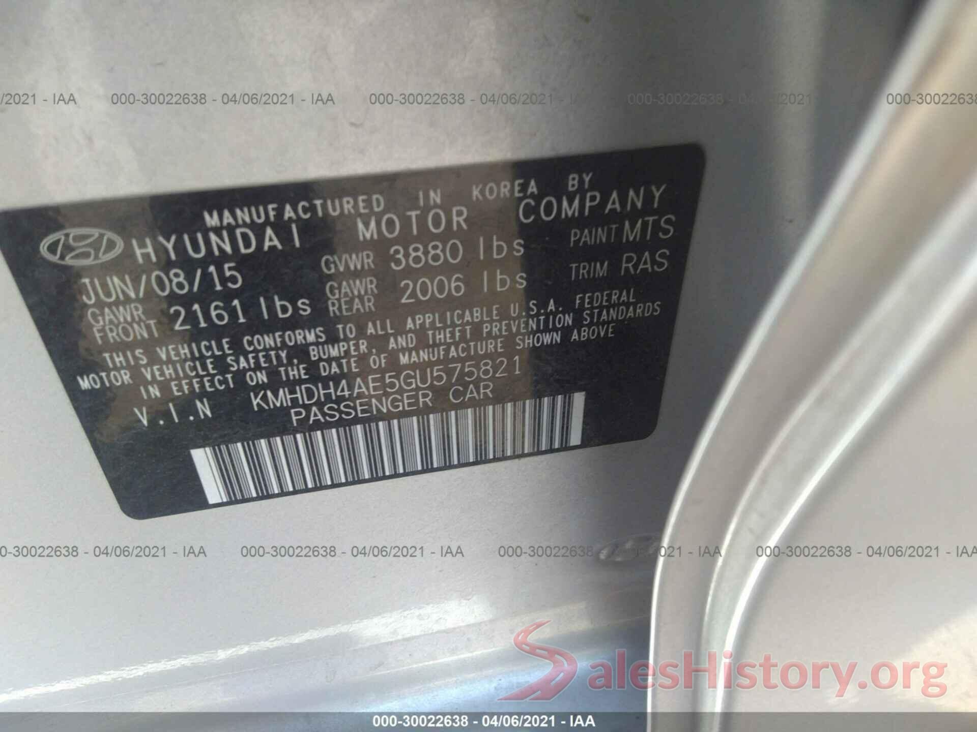 KMHDH4AE5GU575821 2016 HYUNDAI ELANTRA