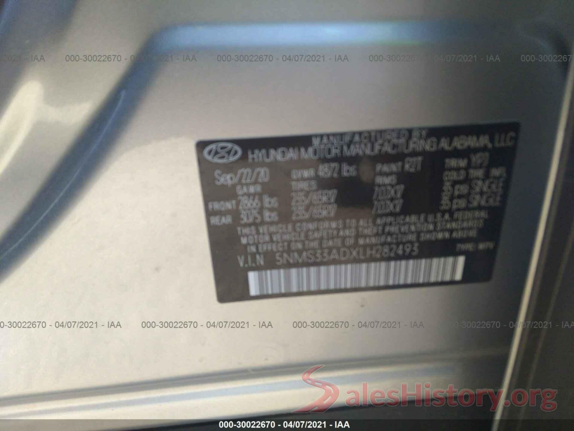 5NMS33ADXLH282493 2020 HYUNDAI SANTA FE