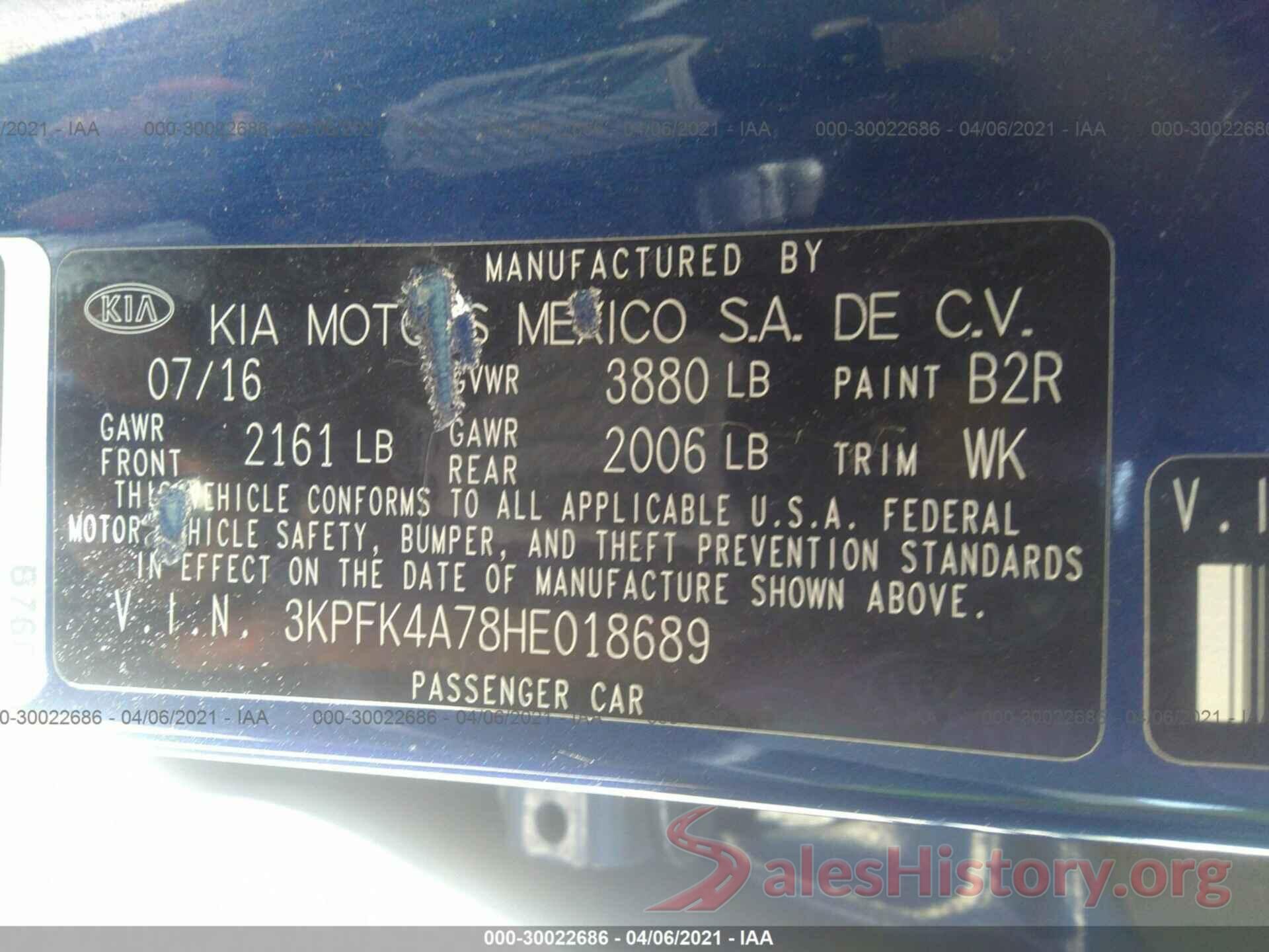 3KPFK4A78HE018689 2017 KIA FORTE