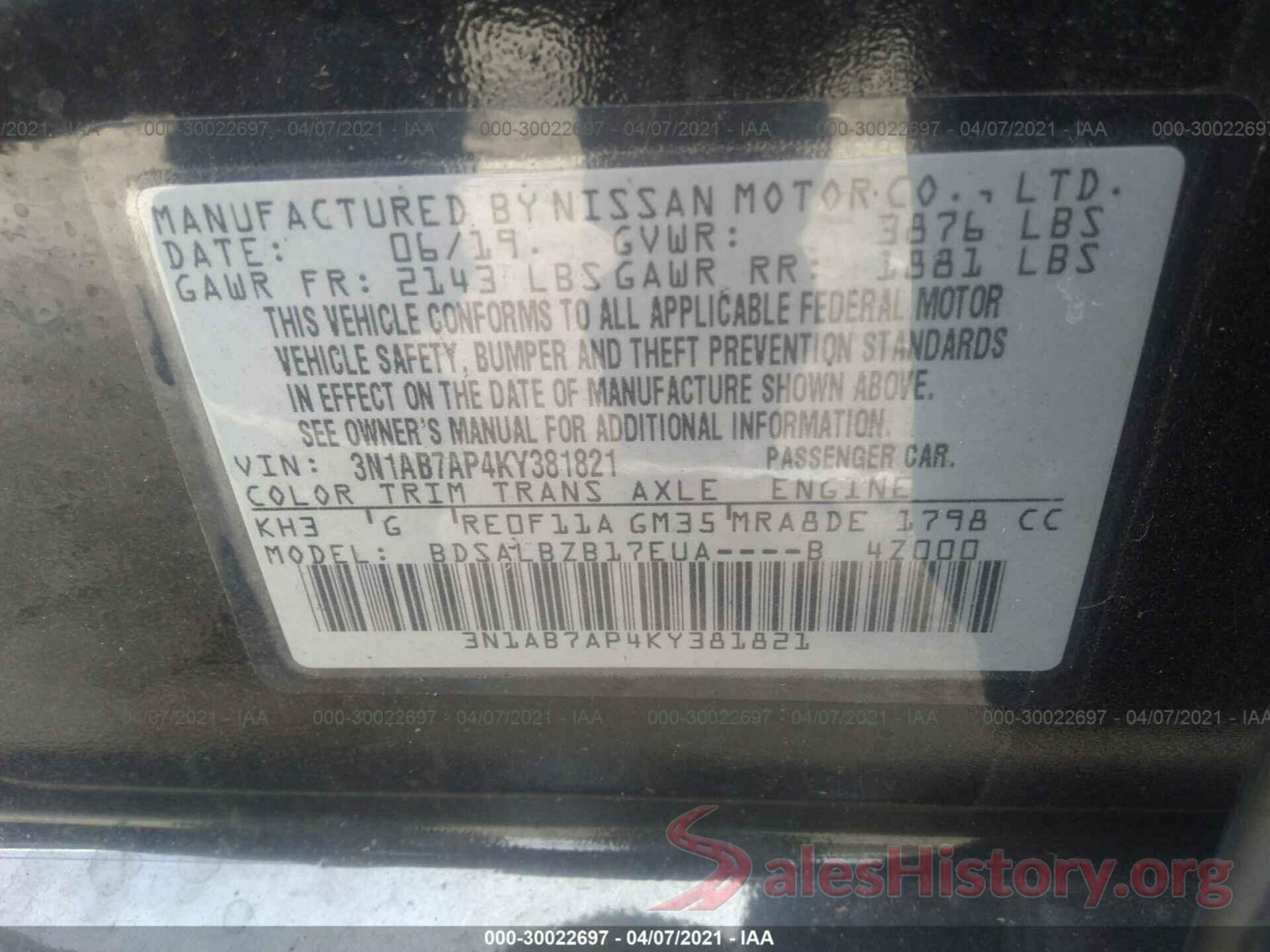 3N1AB7AP4KY381821 2019 NISSAN SENTRA