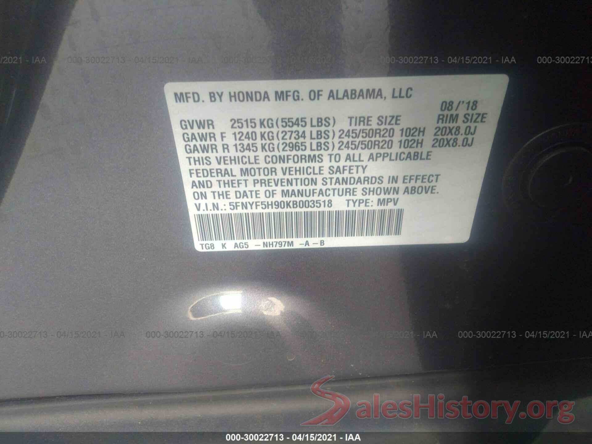 5FNYF5H90KB003518 2019 HONDA PILOT