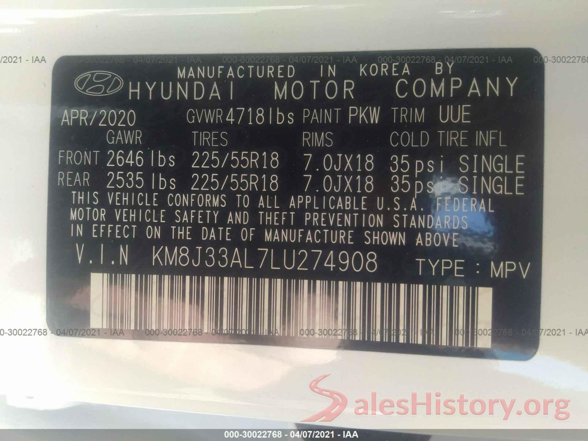 KM8J33AL7LU274908 2020 HYUNDAI TUCSON