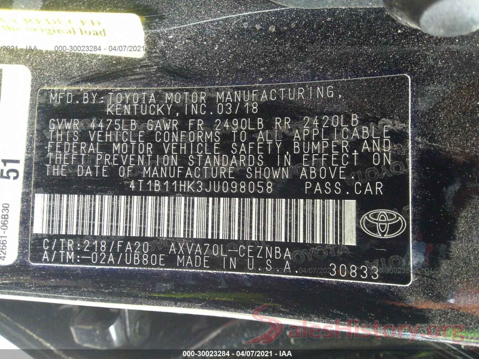 4T1B11HK3JU098058 2018 TOYOTA CAMRY