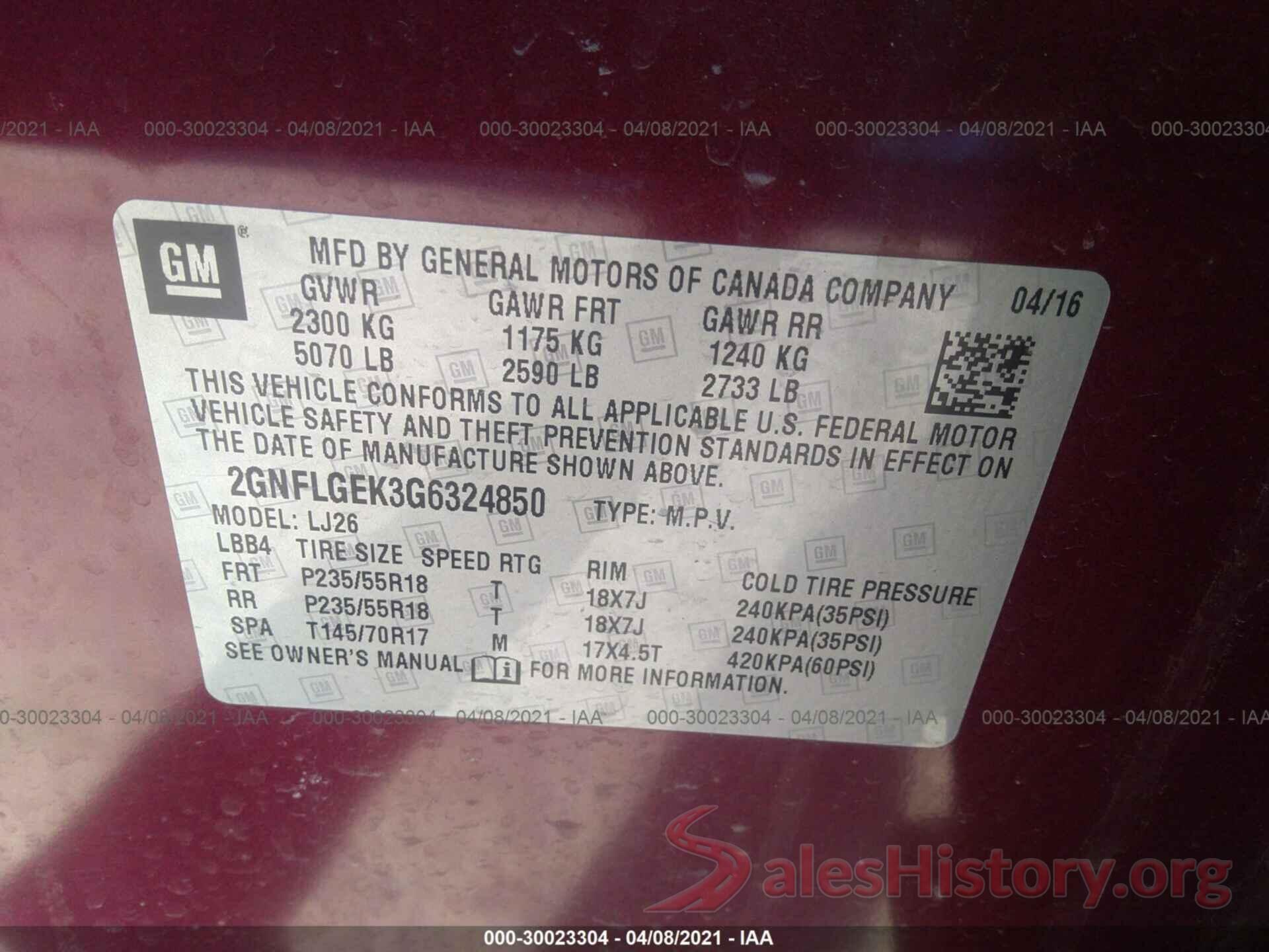 2GNFLGEK3G6324850 2016 CHEVROLET EQUINOX