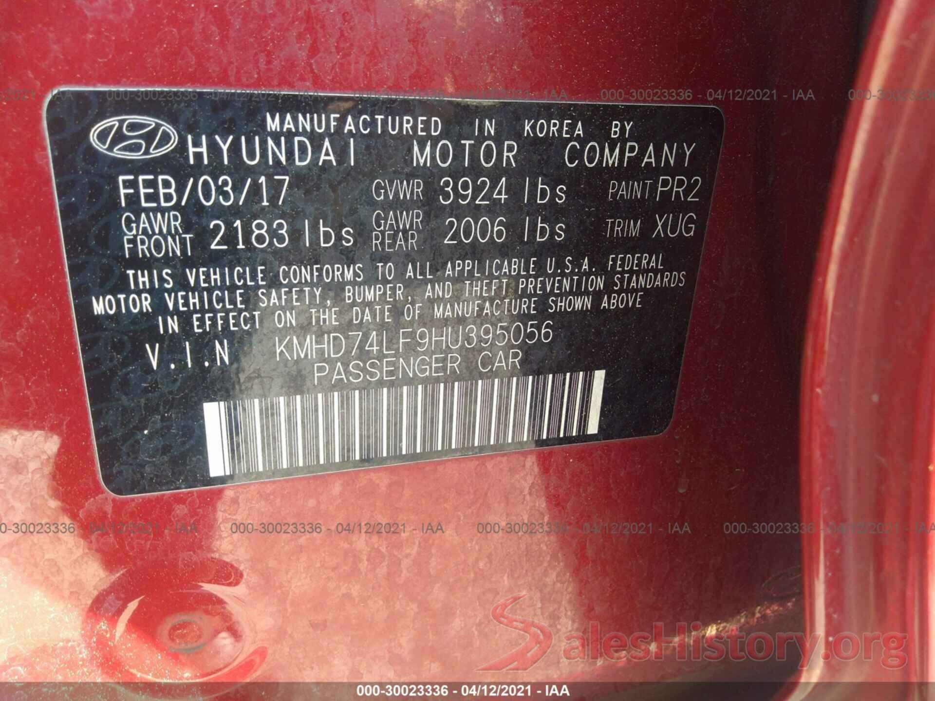 KMHD74LF9HU395056 2017 HYUNDAI ELANTRA