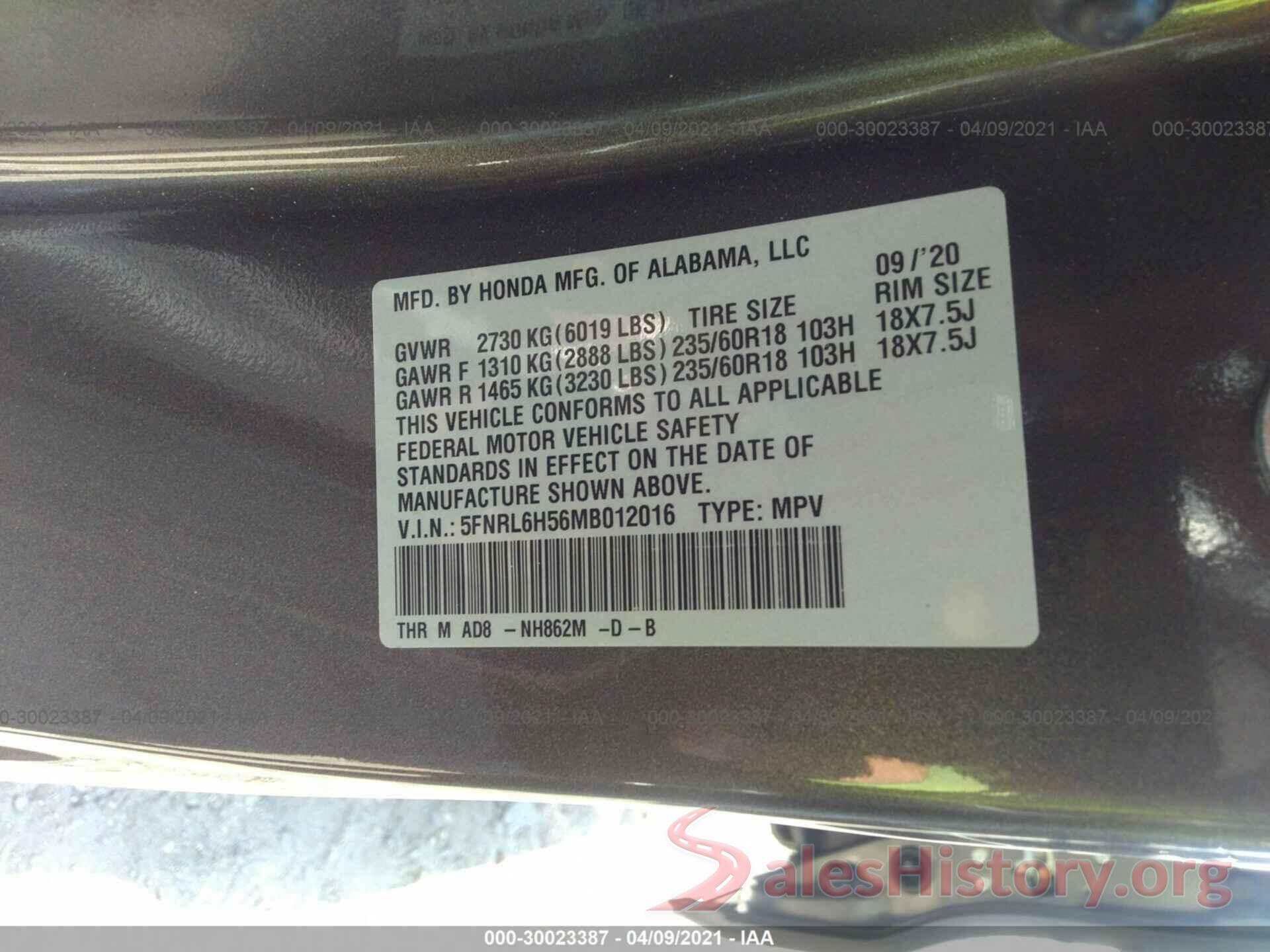 5FNRL6H56MB012016 2021 HONDA ODYSSEY