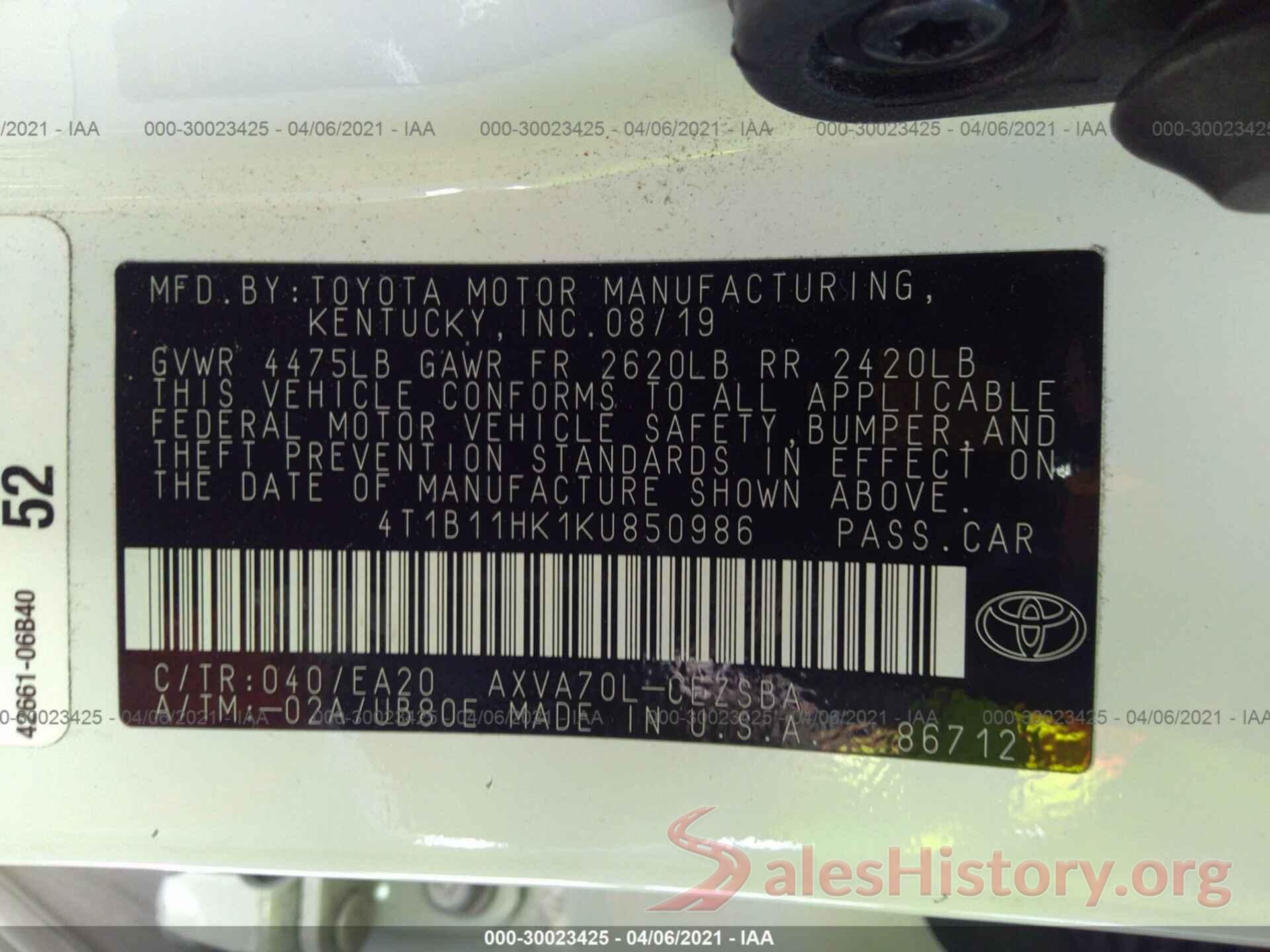 4T1B11HK1KU850986 2019 TOYOTA CAMRY