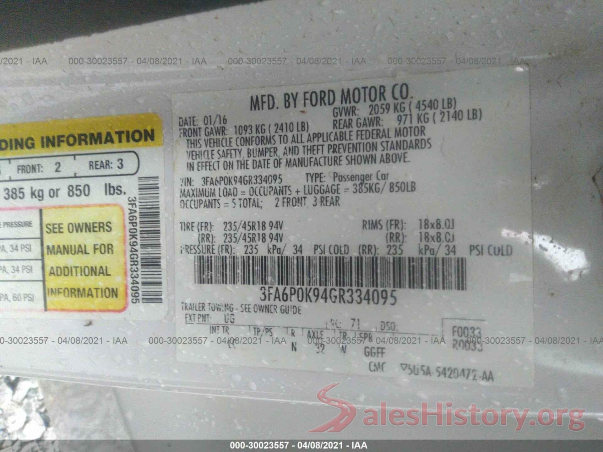 3FA6P0K94GR334095 2016 FORD FUSION