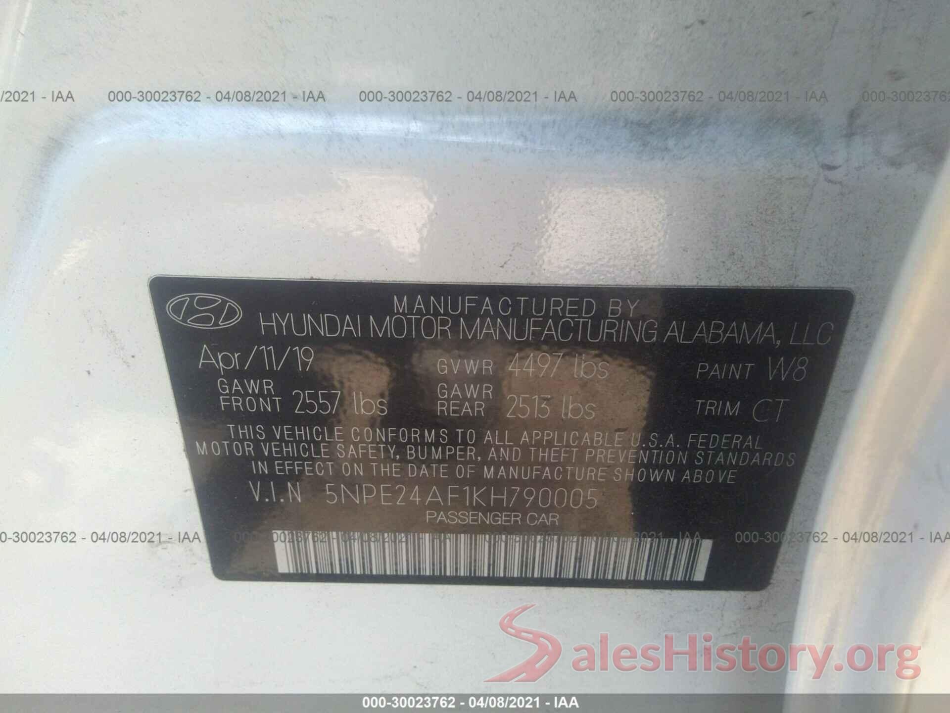 5NPE24AF1KH790005 2019 HYUNDAI SONATA