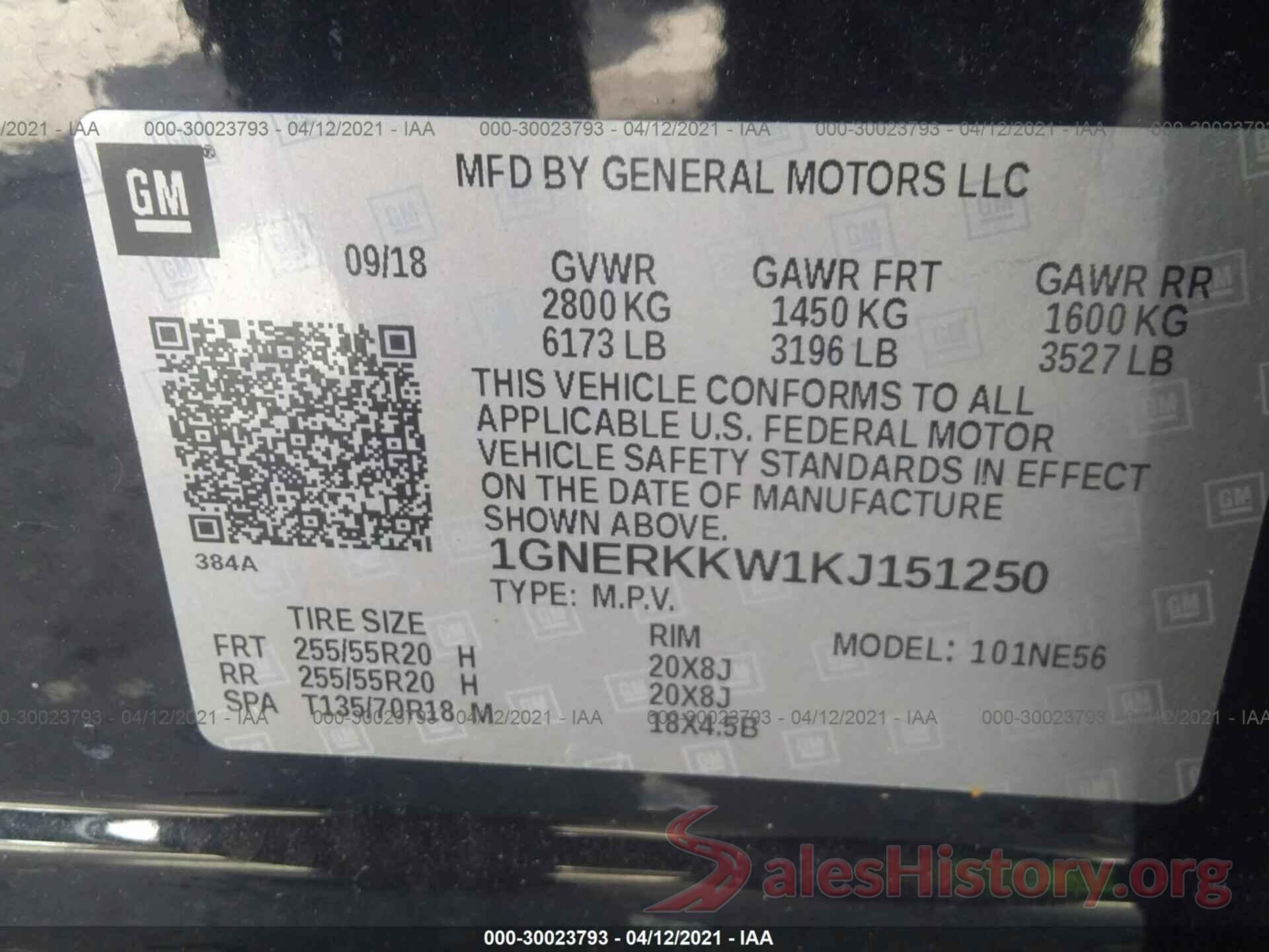 1GNERKKW1KJ151250 2019 CHEVROLET TRAVERSE