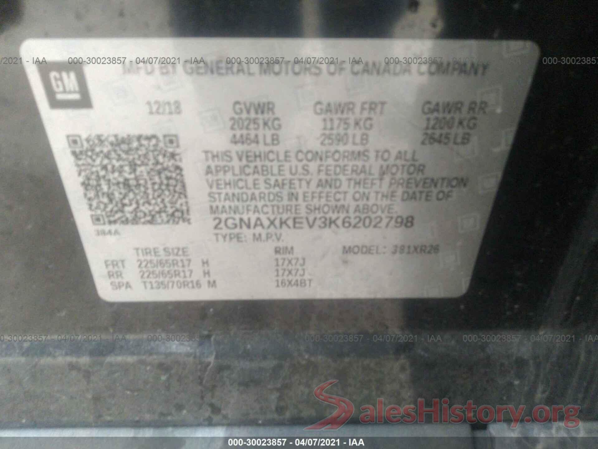 2GNAXKEV3K6202798 2019 CHEVROLET EQUINOX