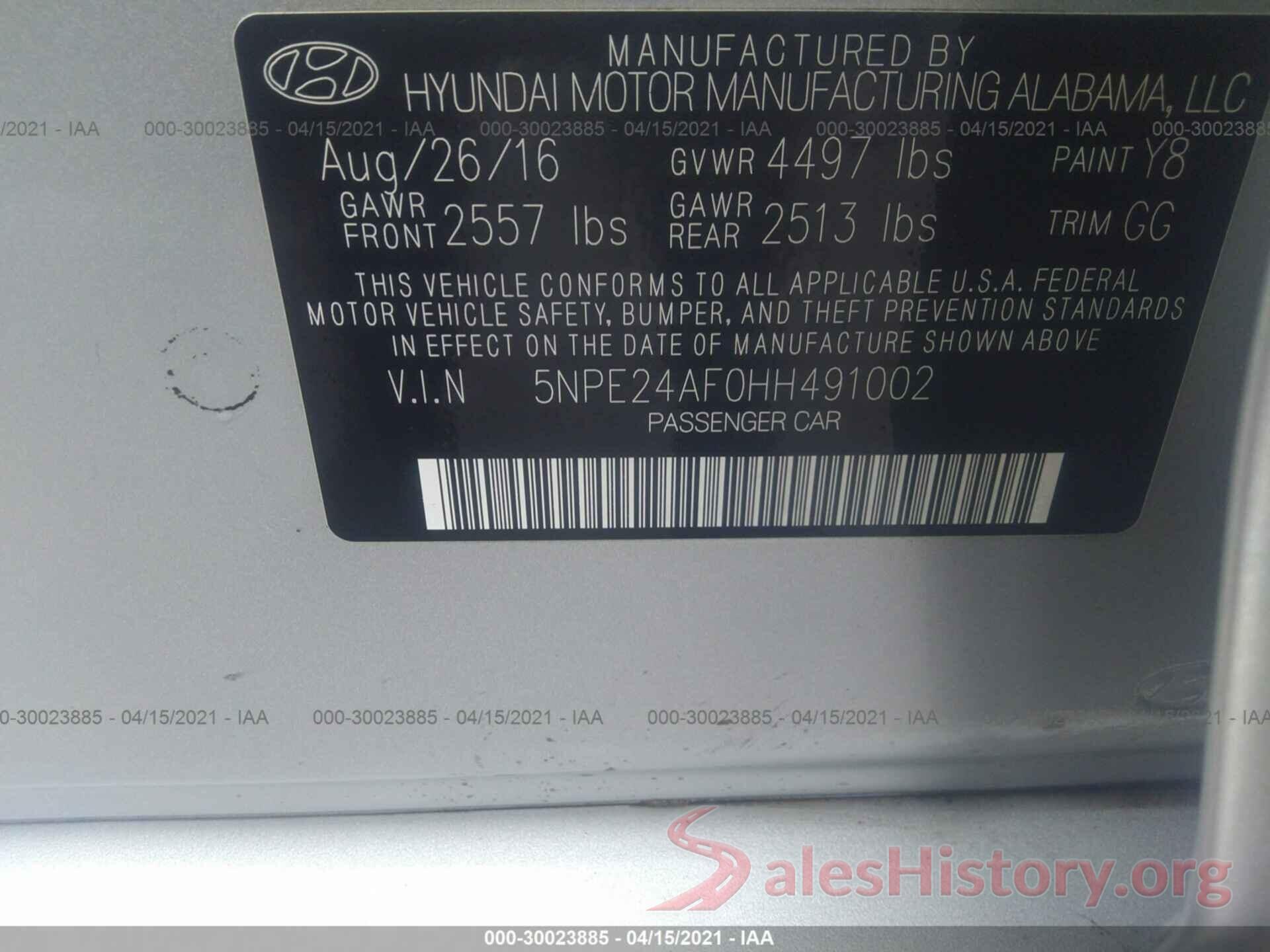 5NPE24AF0HH491002 2017 HYUNDAI SONATA