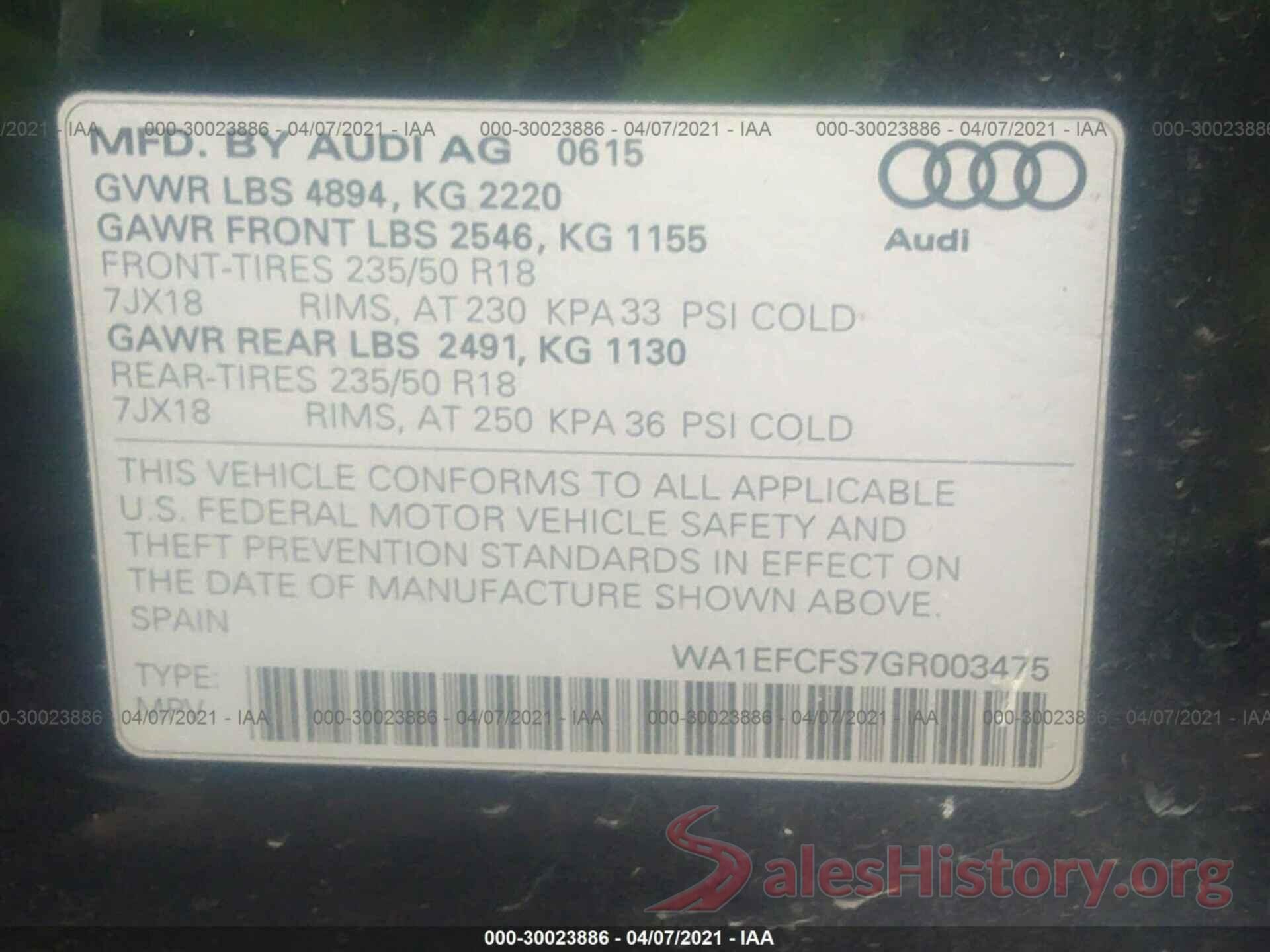 WA1EFCFS7GR003475 2016 AUDI Q3