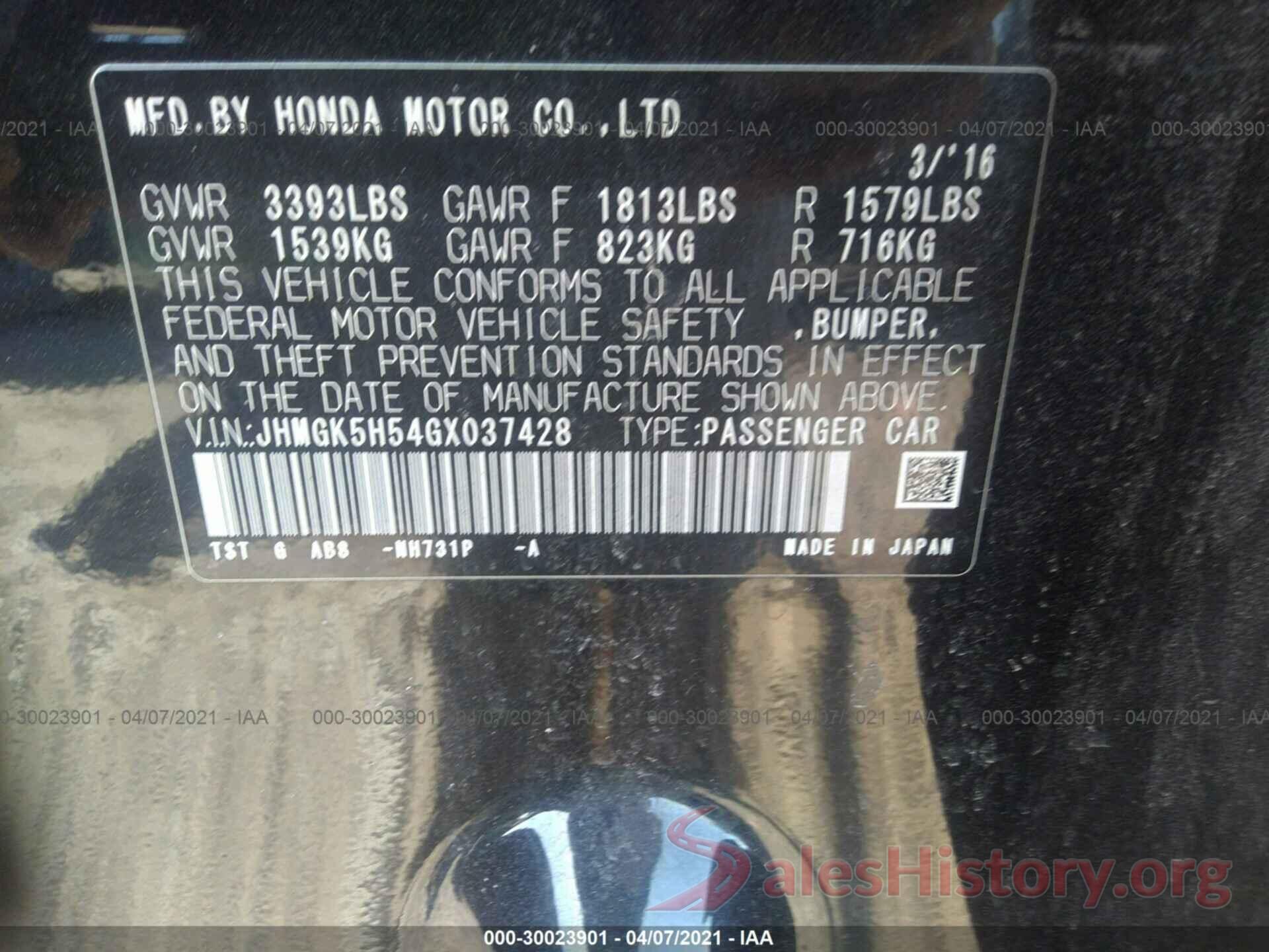 JHMGK5H54GX037428 2016 HONDA FIT