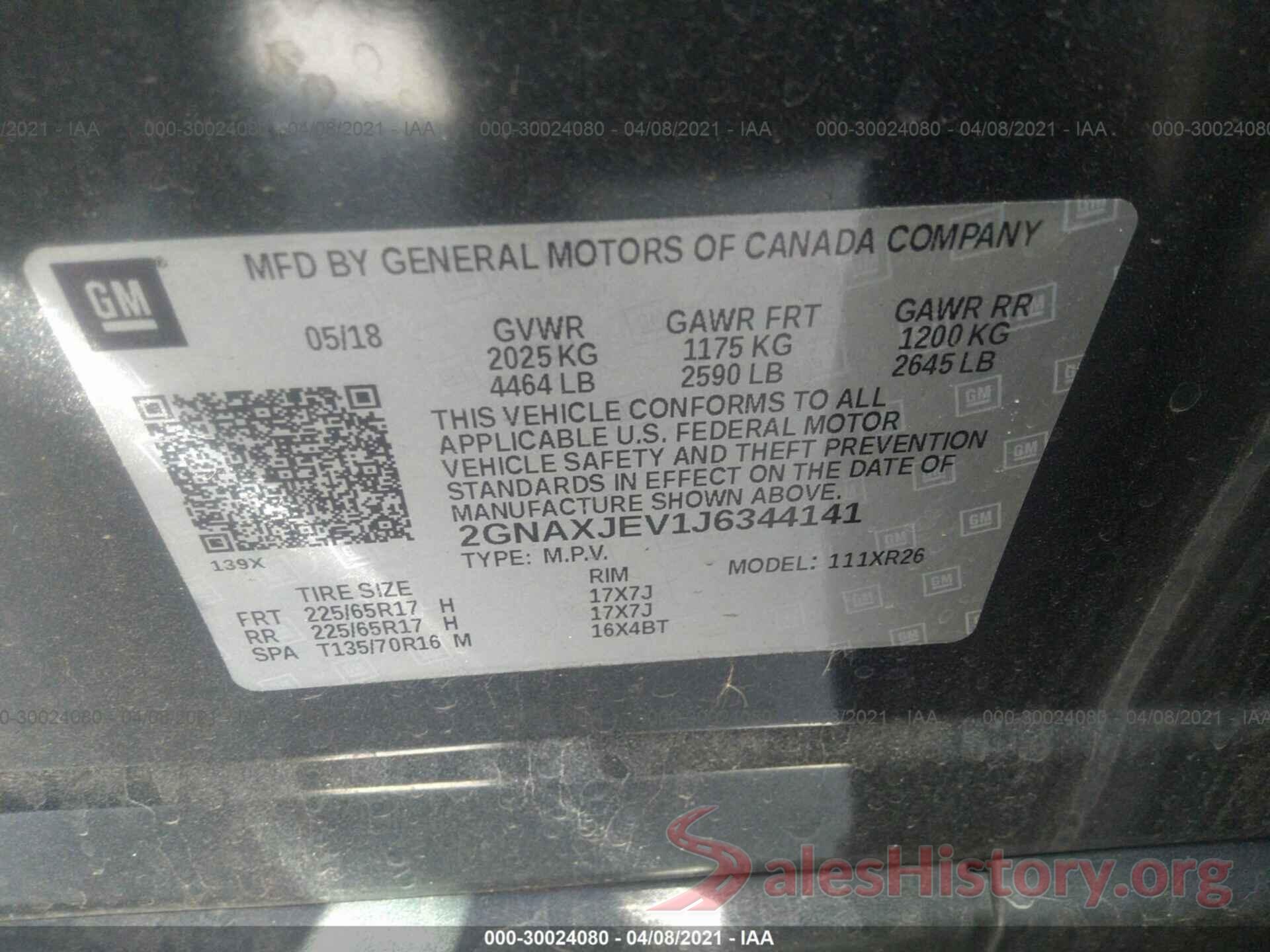 2GNAXJEV1J6344141 2018 CHEVROLET EQUINOX