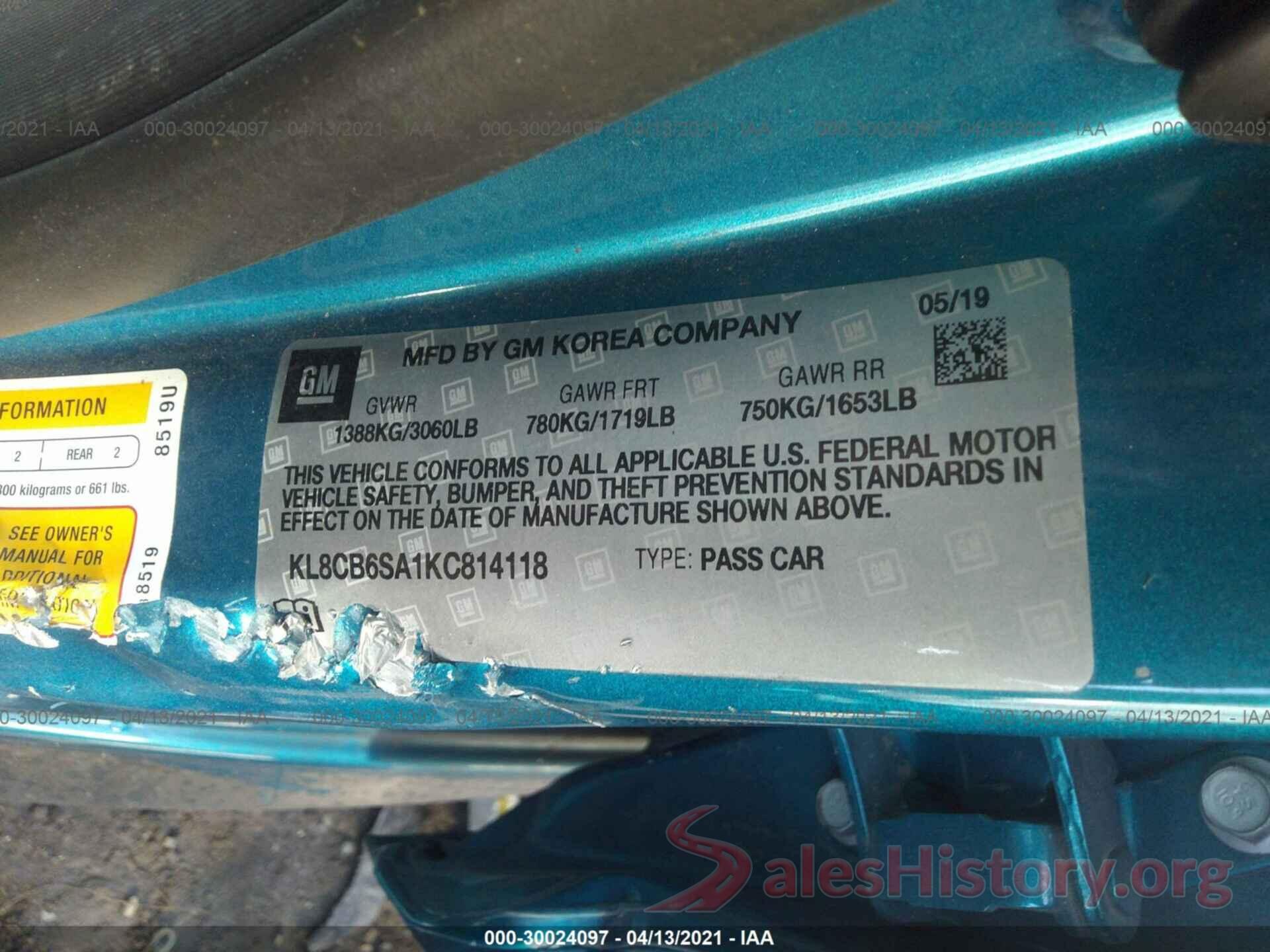 KL8CB6SA1KC814118 2019 CHEVROLET SPARK