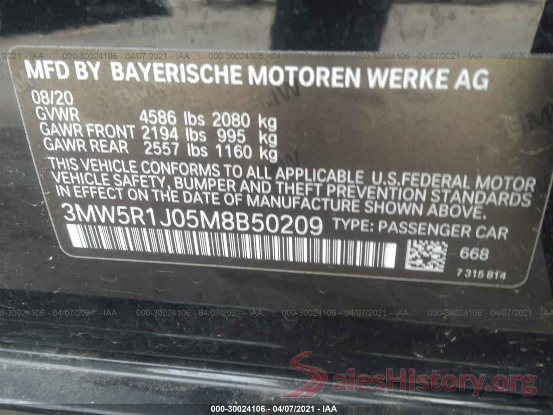 3MW5R1J05M8B50209 2021 BMW 3 SERIES