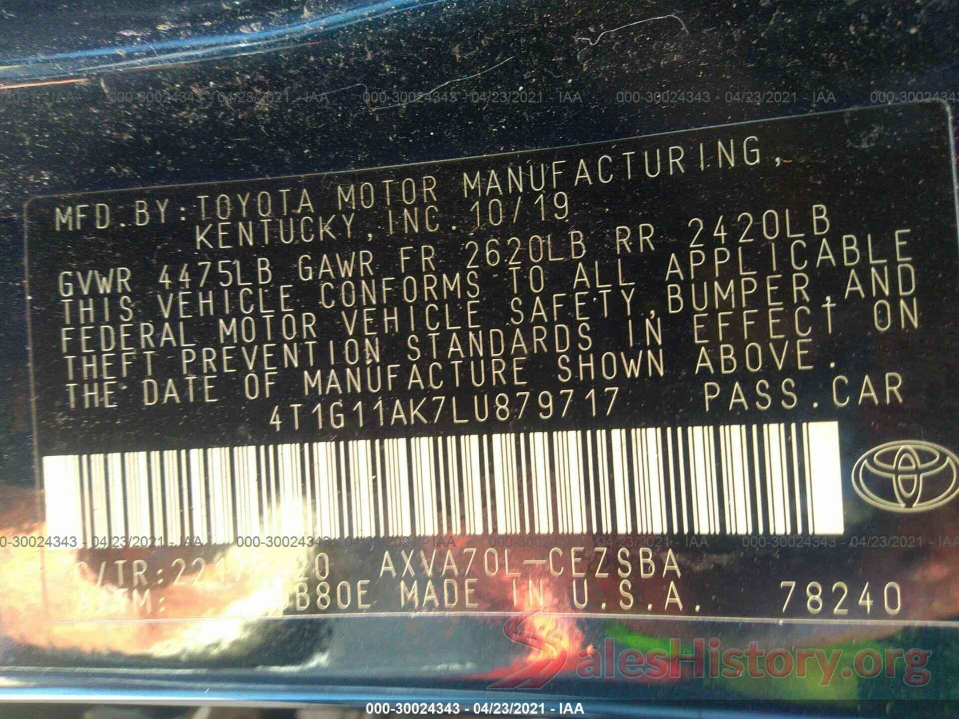 4T1G11AK7LU879717 2020 TOYOTA CAMRY