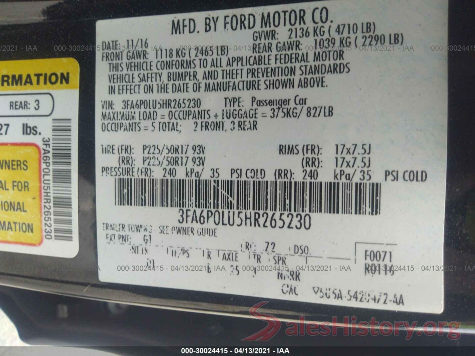 3FA6P0LU5HR265230 2017 FORD FUSION