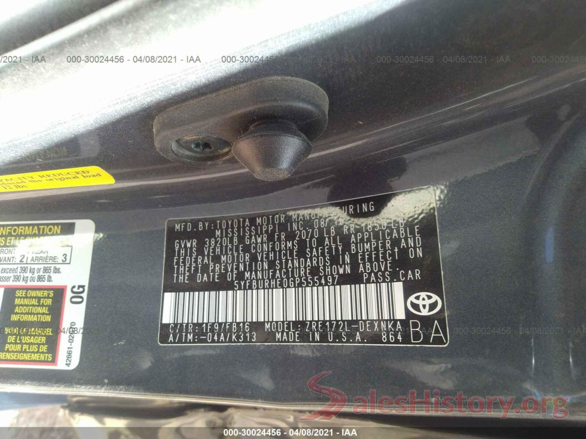 5YFBURHE0GP555497 2016 TOYOTA COROLLA