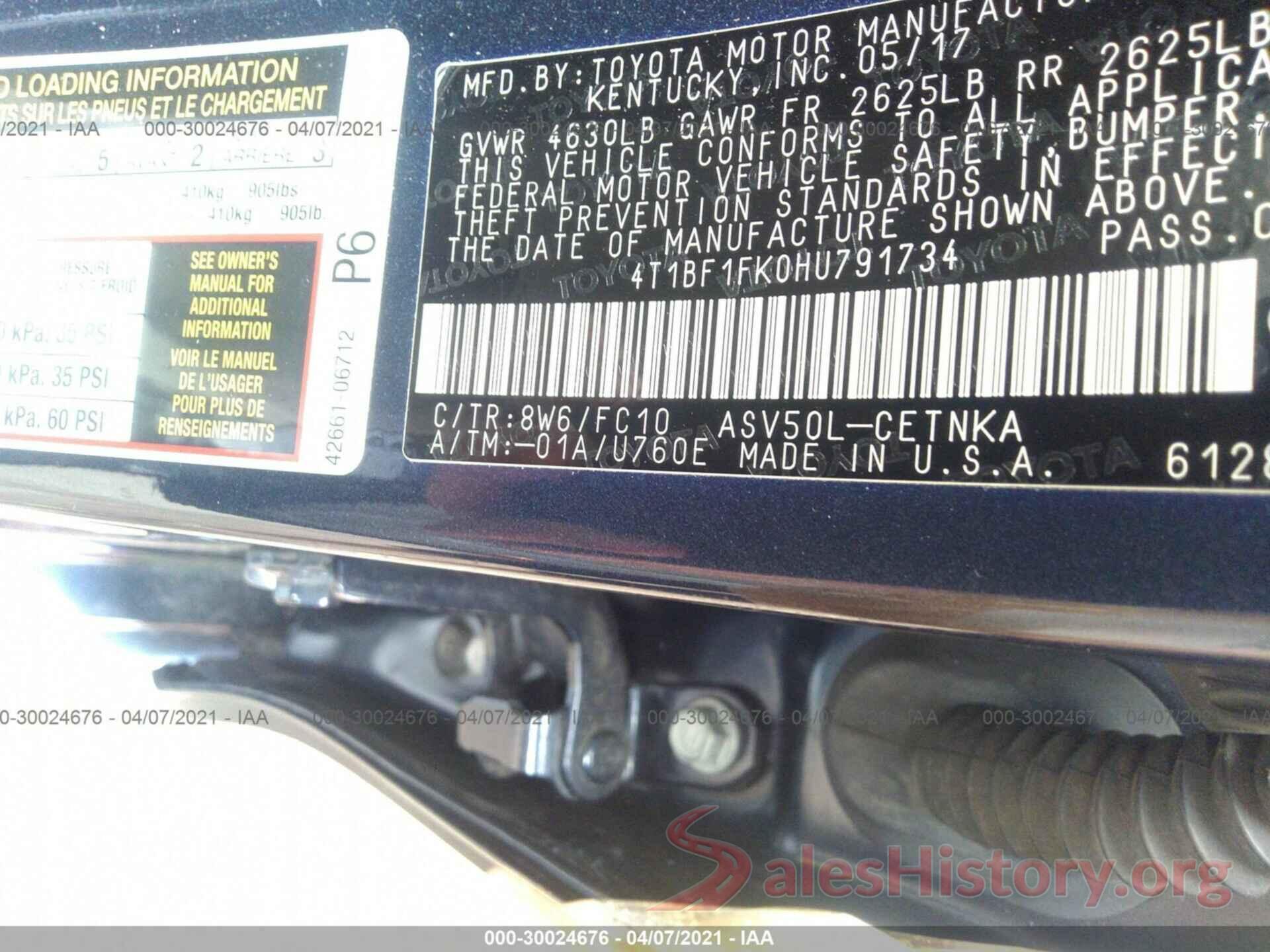 4T1BF1FK0HU791734 2017 TOYOTA CAMRY