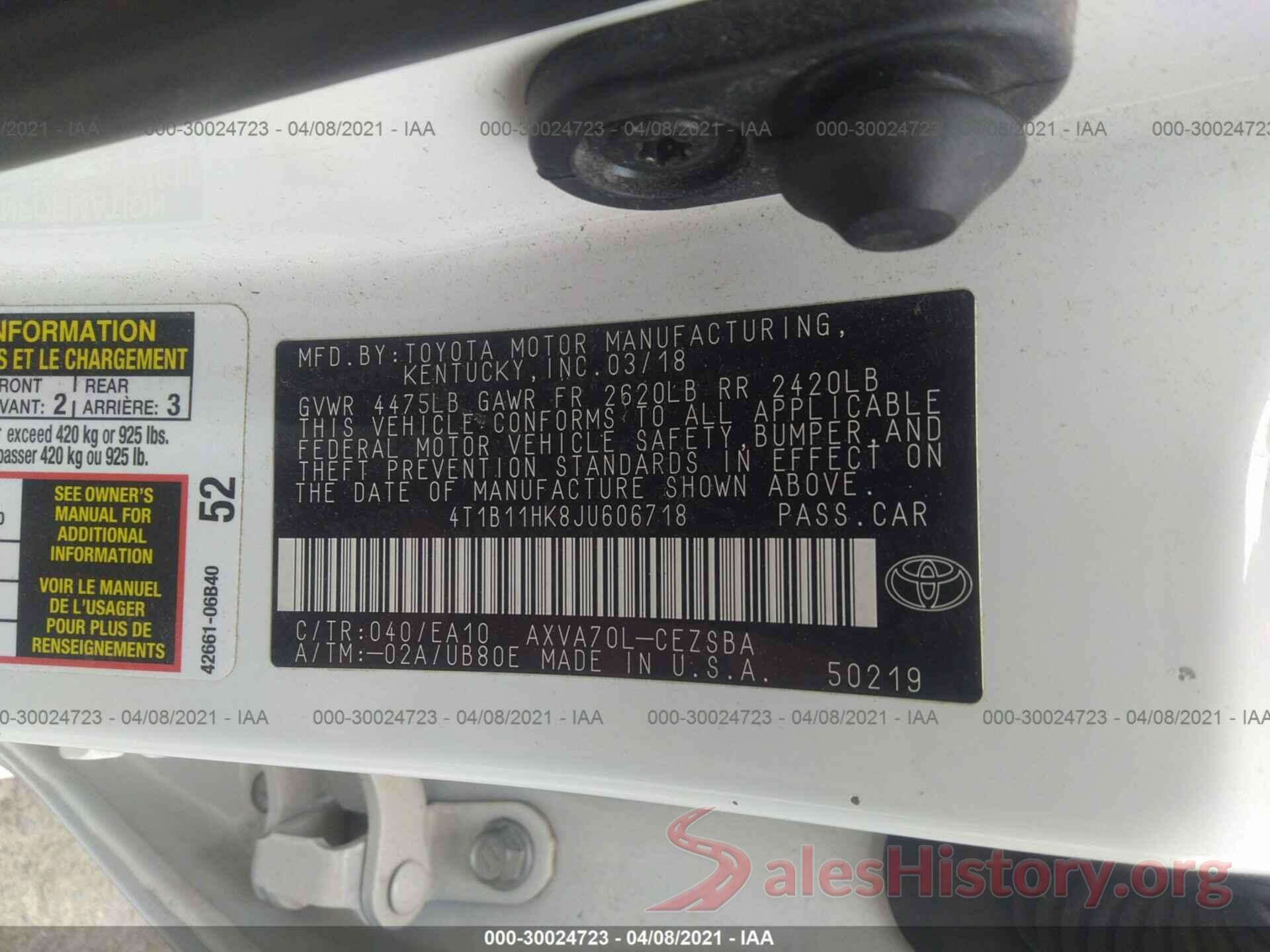 4T1B11HK8JU606718 2018 TOYOTA CAMRY