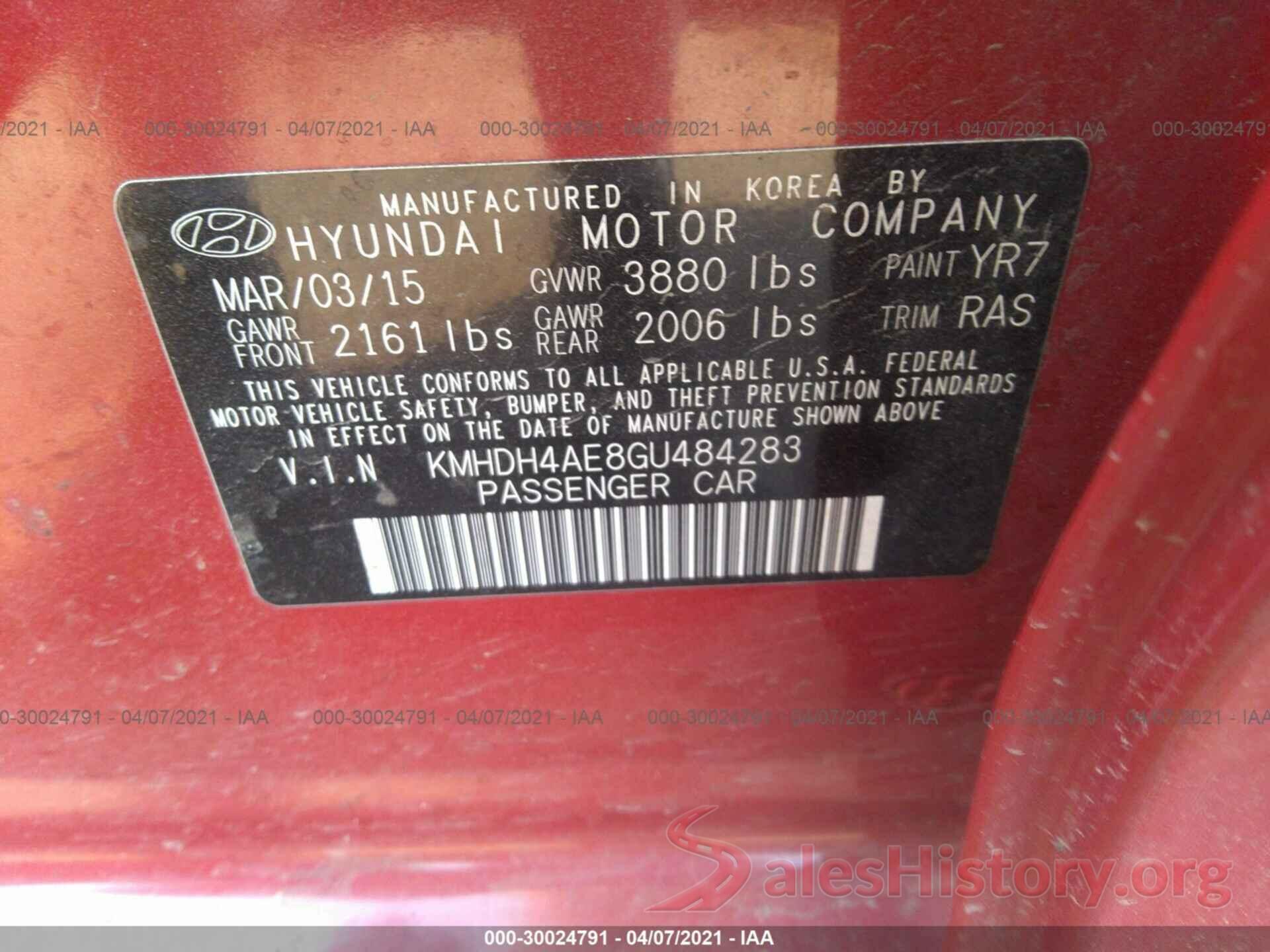 KMHDH4AE8GU484283 2016 HYUNDAI ELANTRA