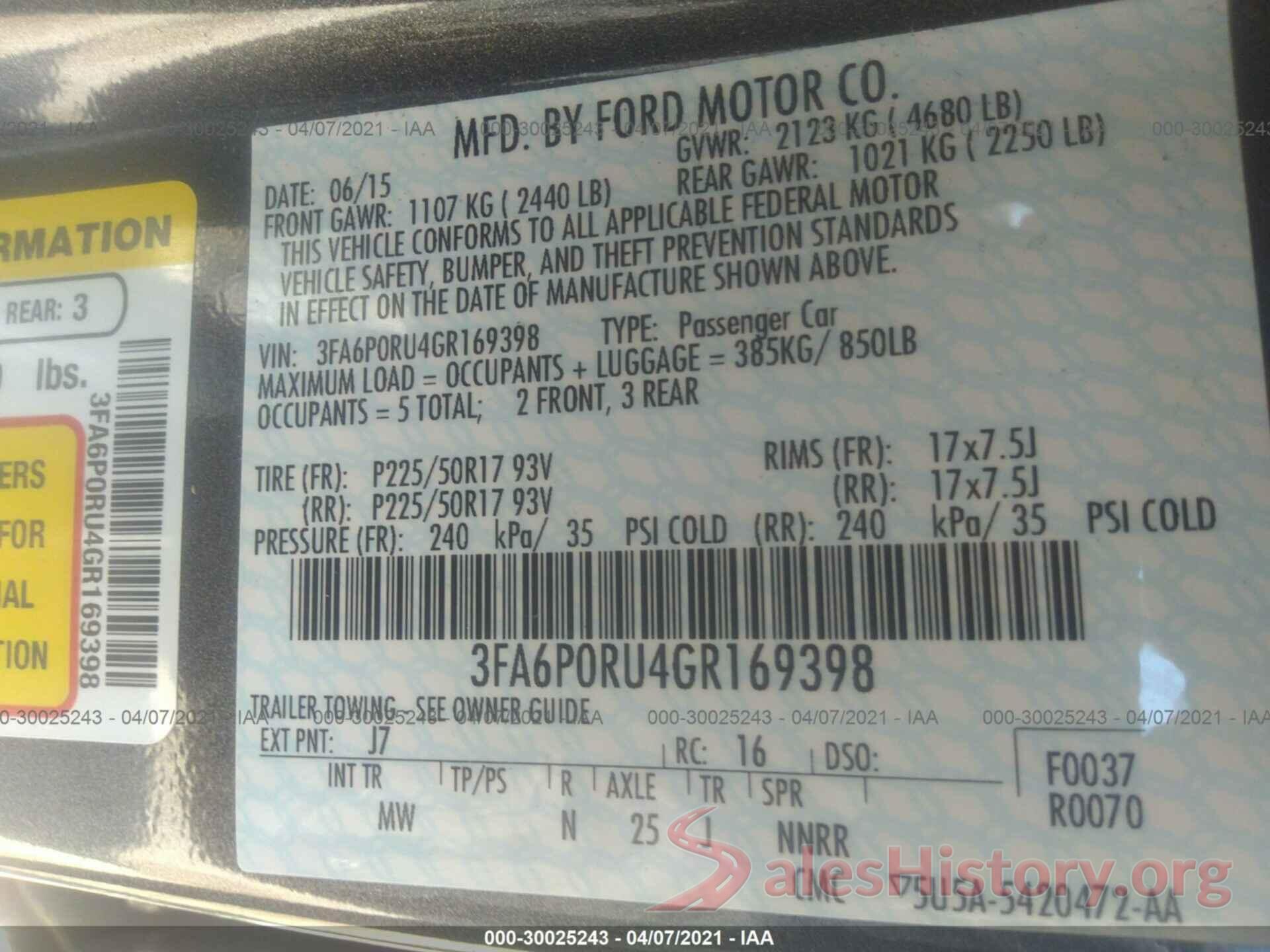 3FA6P0RU4GR169398 2016 FORD FUSION