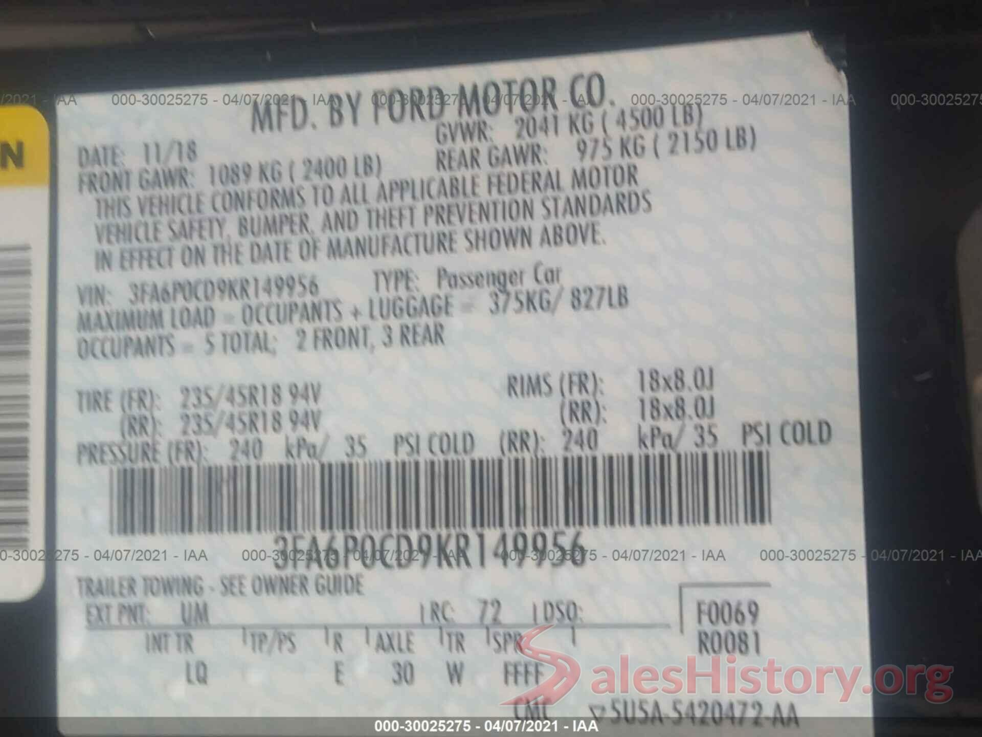 3FA6P0CD9KR149956 2019 FORD FUSION