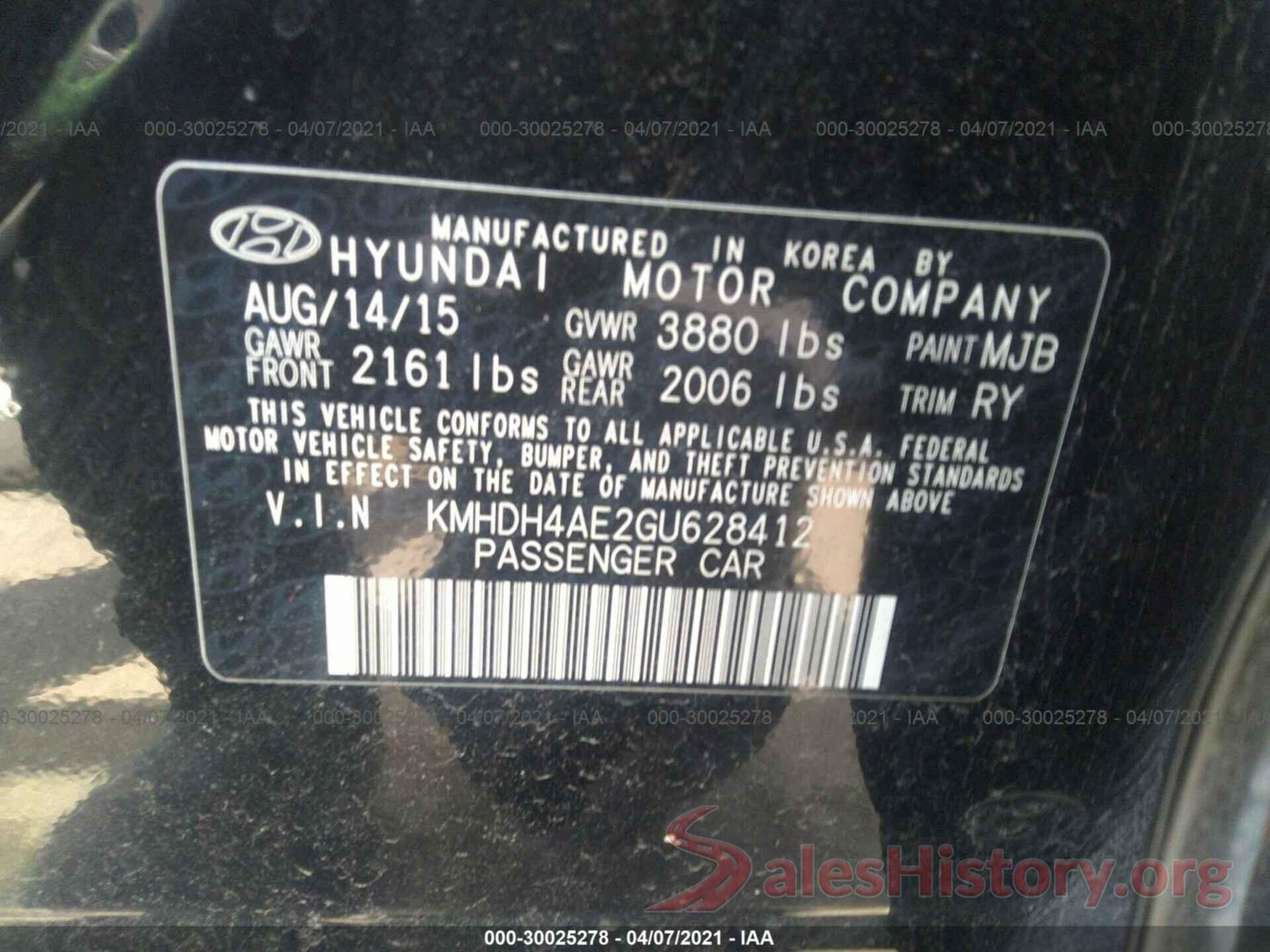 KMHDH4AE2GU628412 2016 HYUNDAI ELANTRA