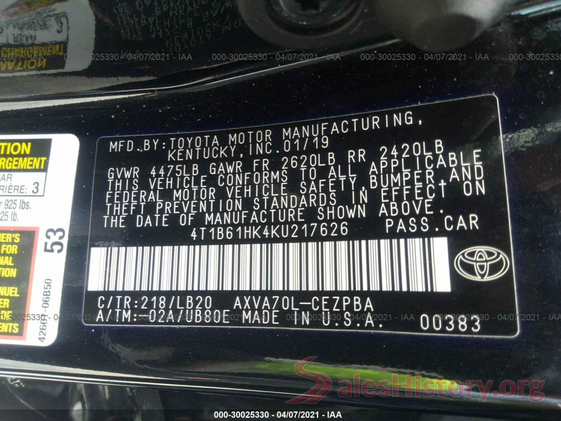 4T1B61HK4KU217626 2019 TOYOTA CAMRY