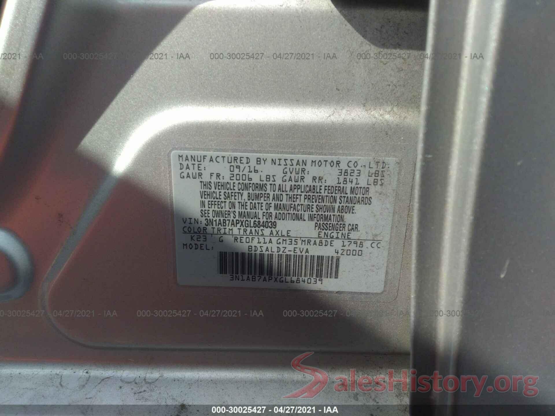 3N1AB7APXGL684039 2016 NISSAN SENTRA