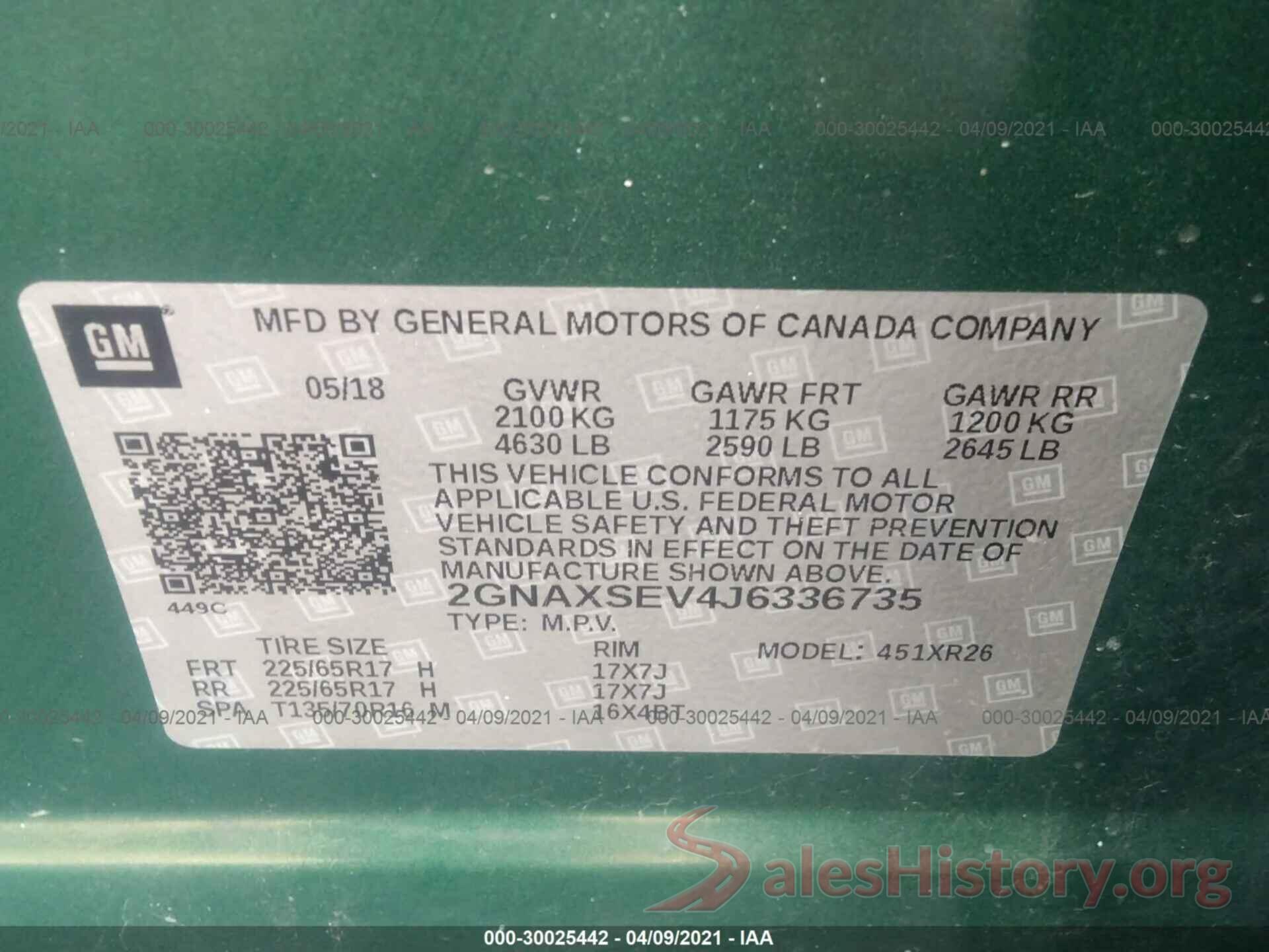 2GNAXSEV4J6336735 2018 CHEVROLET EQUINOX