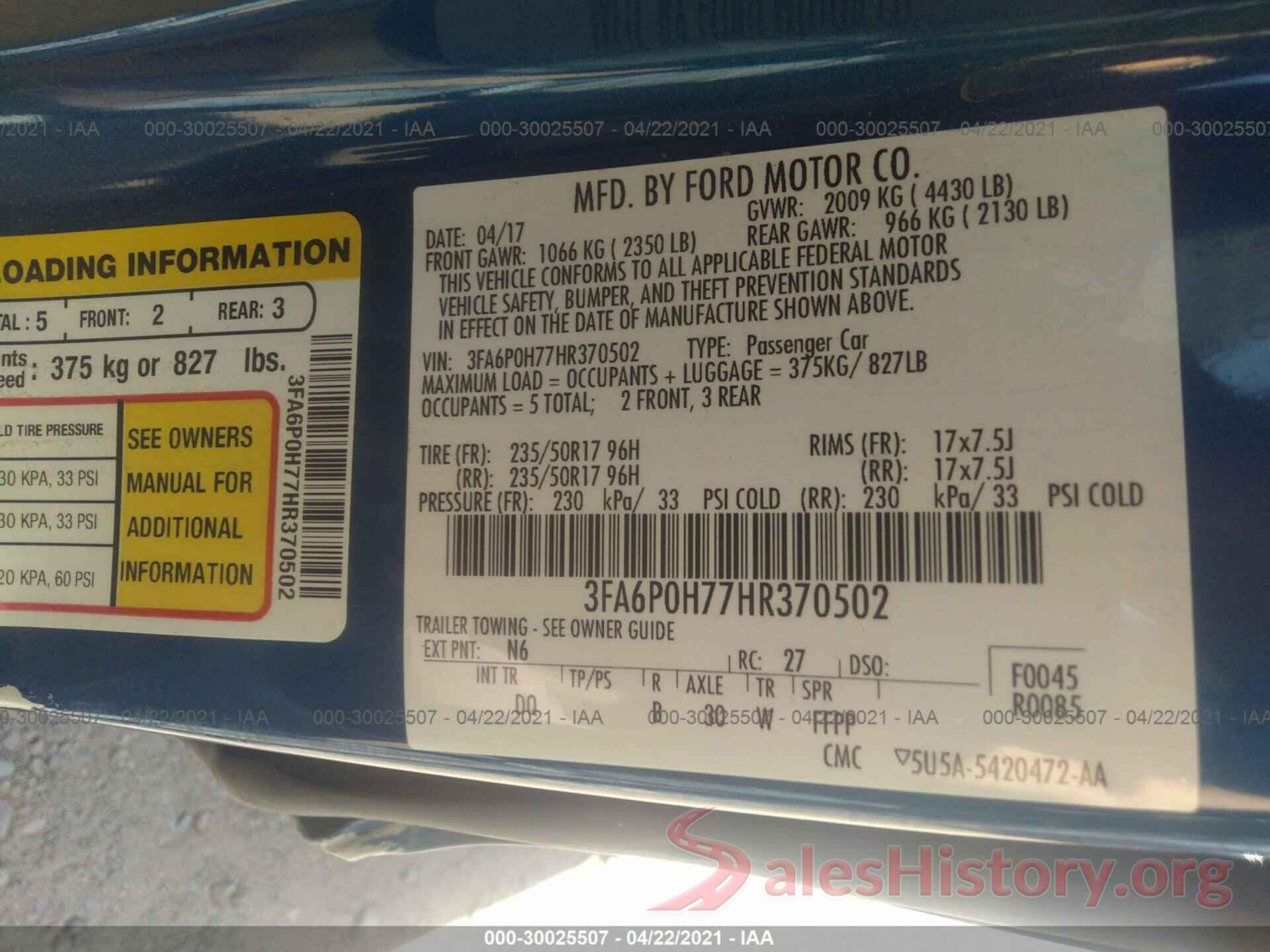 3FA6P0H77HR370502 2017 FORD FUSION