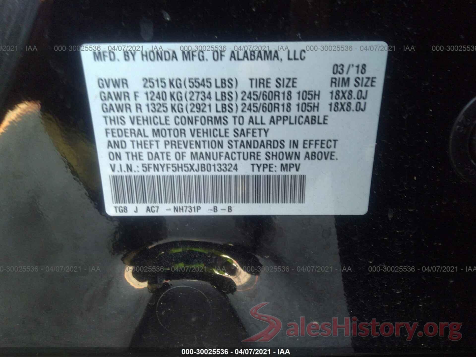 5FNYF5H5XJB013324 2018 HONDA PILOT