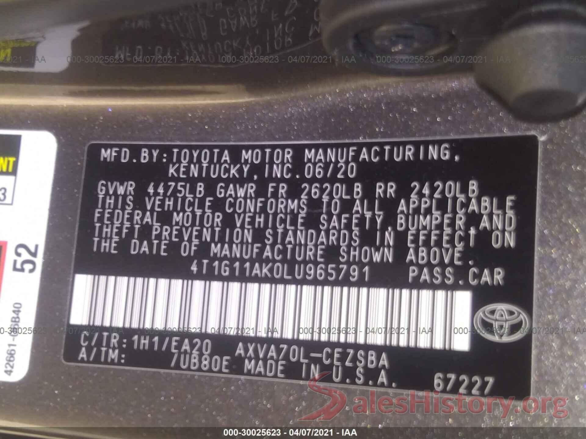 4T1G11AK0LU965791 2020 TOYOTA CAMRY