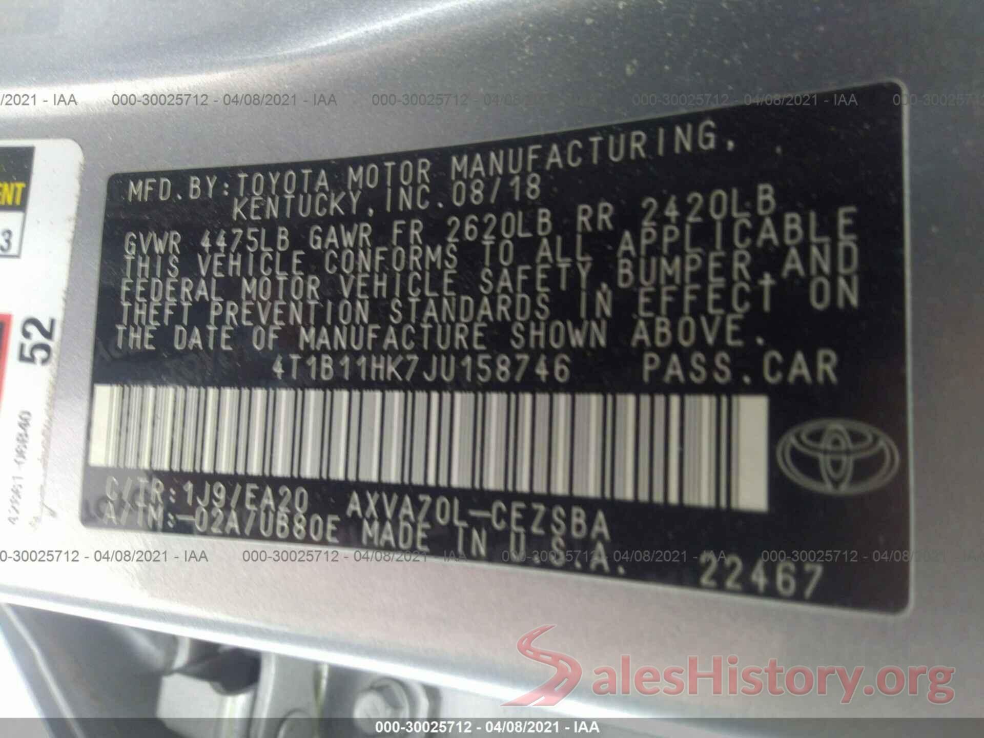 4T1B11HK7JU158746 2018 TOYOTA CAMRY