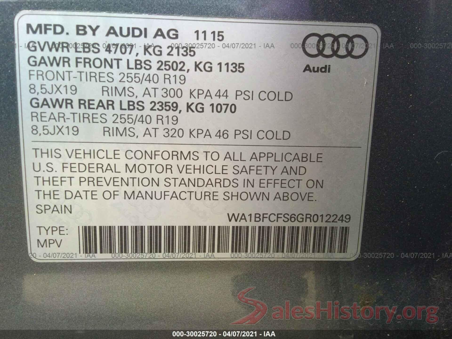 WA1BFCFS6GR012249 2016 AUDI Q3