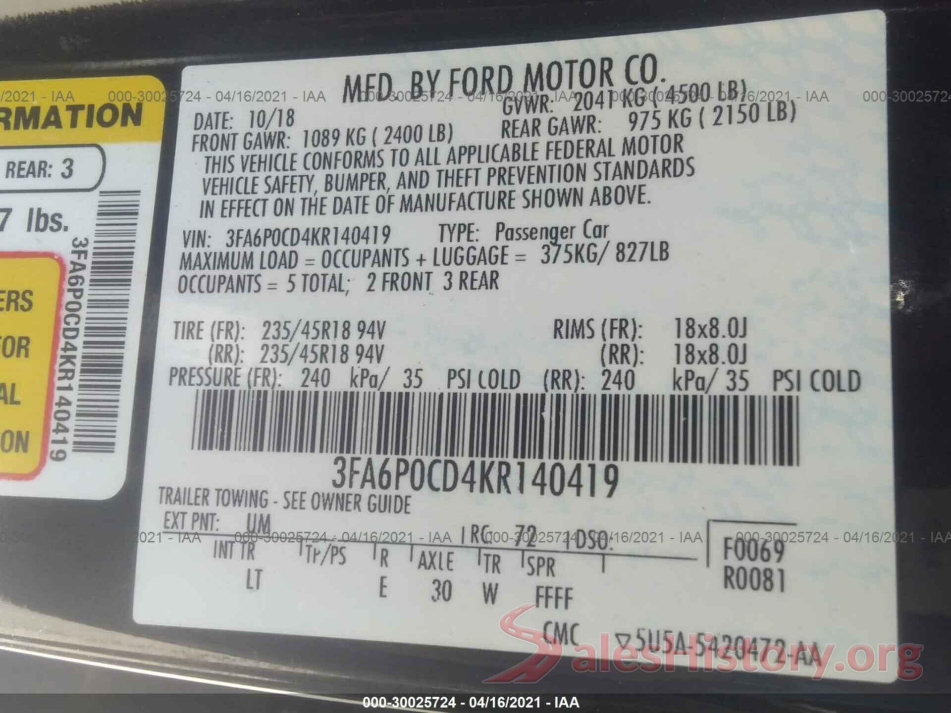 3FA6P0CD4KR140419 2019 FORD FUSION