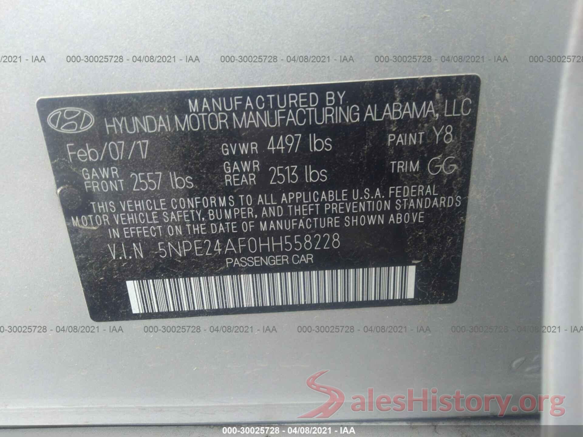 5NPE24AF0HH558228 2017 HYUNDAI SONATA