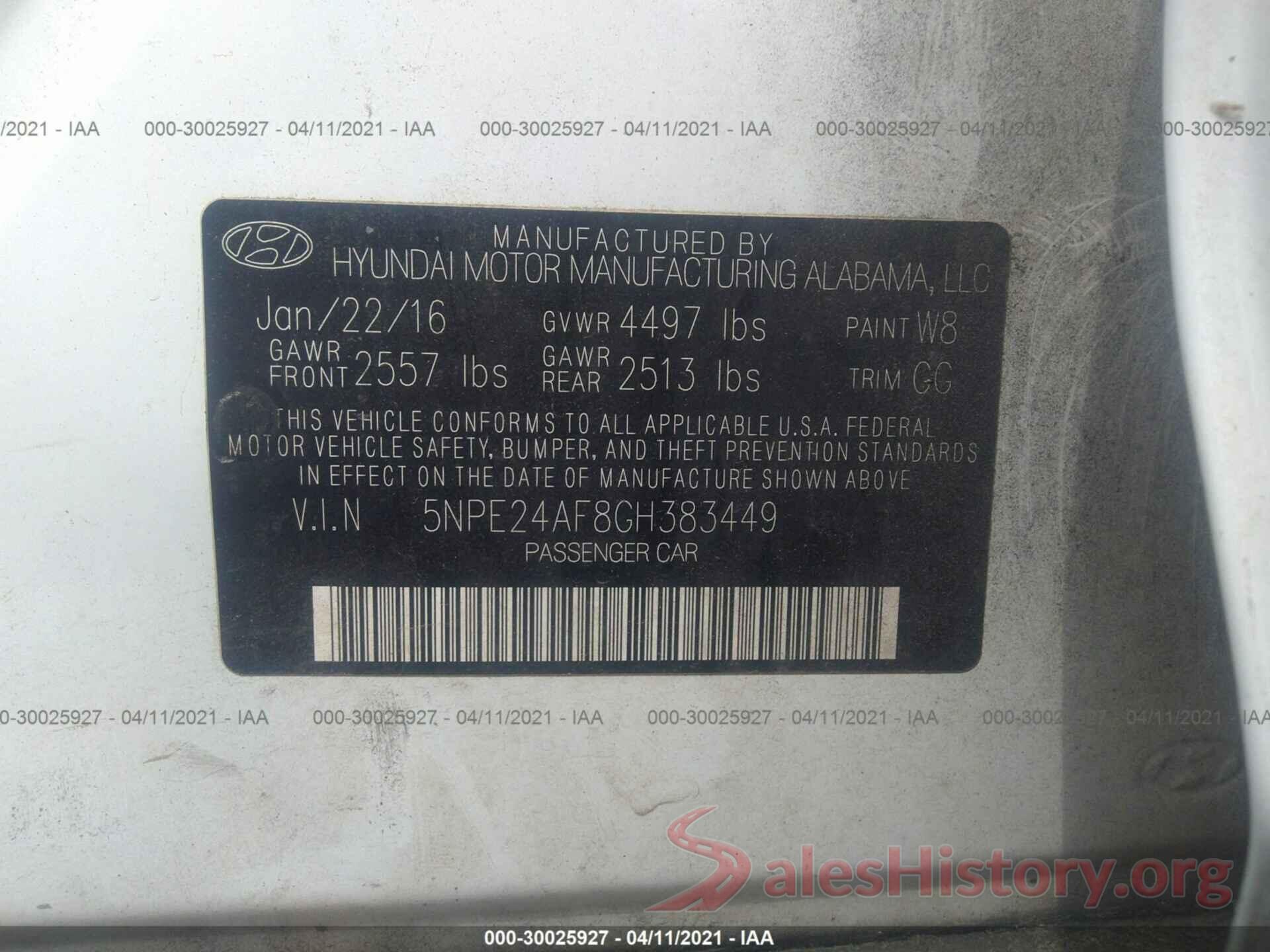 5NPE24AF8GH383449 2016 HYUNDAI SONATA