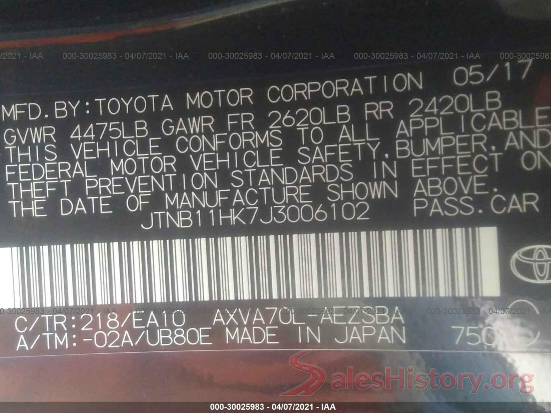 JTNB11HK7J3006102 2018 TOYOTA CAMRY