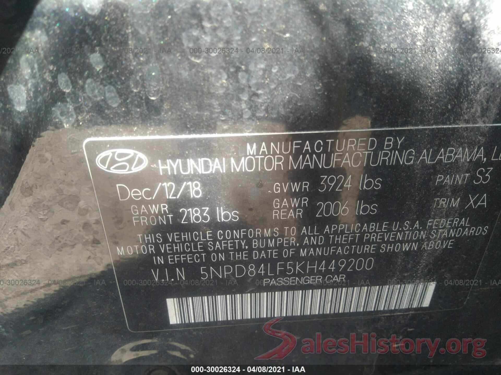 5NPD84LF5KH449200 2019 HYUNDAI ELANTRA