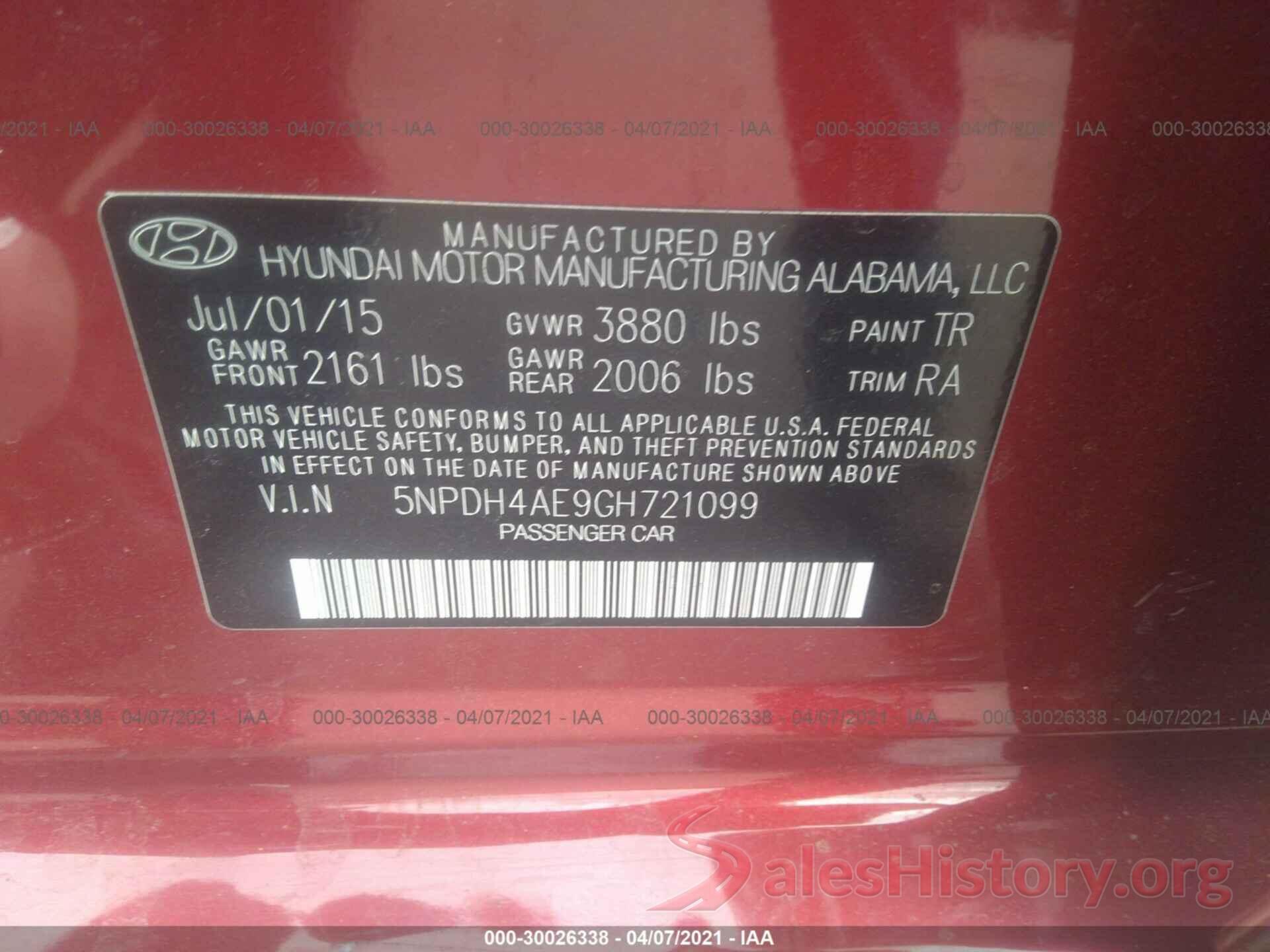 5NPDH4AE9GH721099 2016 HYUNDAI ELANTRA