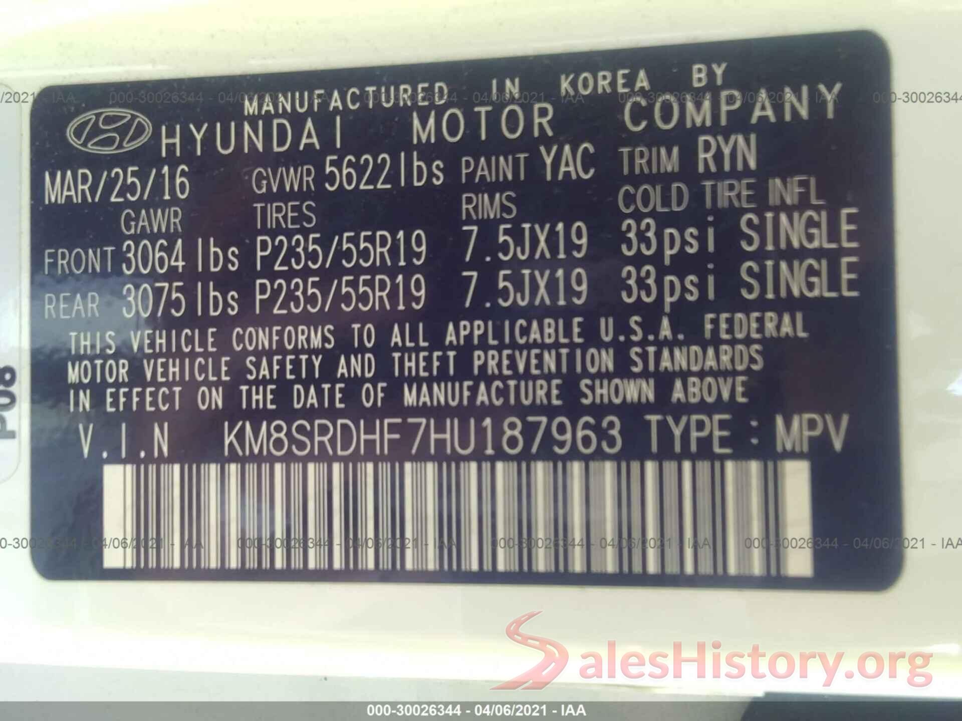 KM8SRDHF7HU187963 2017 HYUNDAI SANTA FE