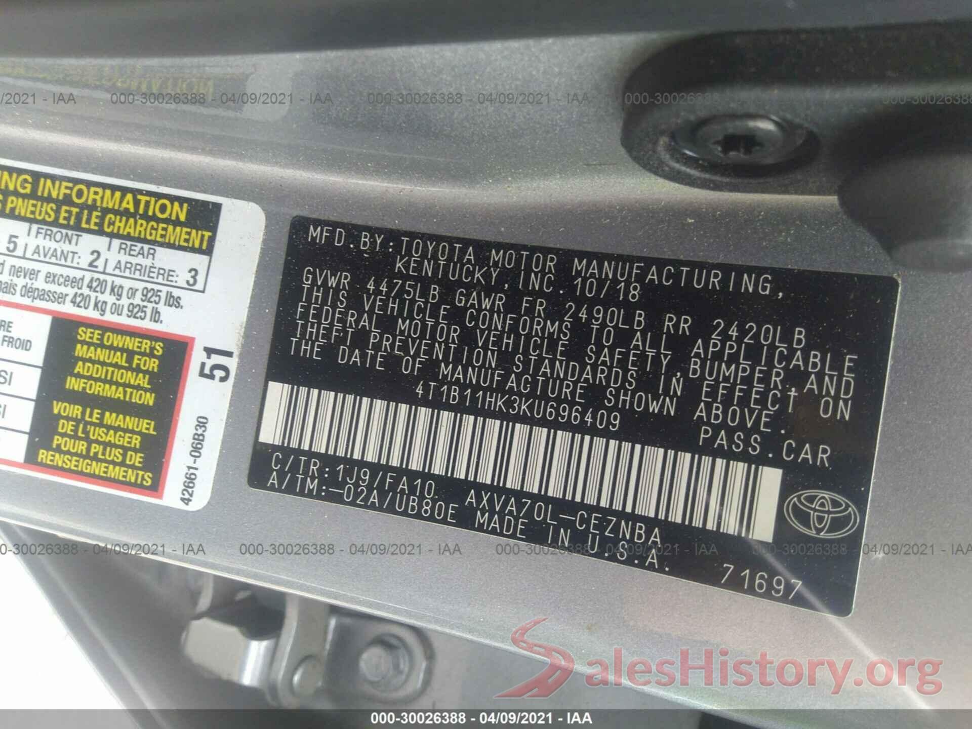 4T1B11HK3KU696409 2019 TOYOTA CAMRY