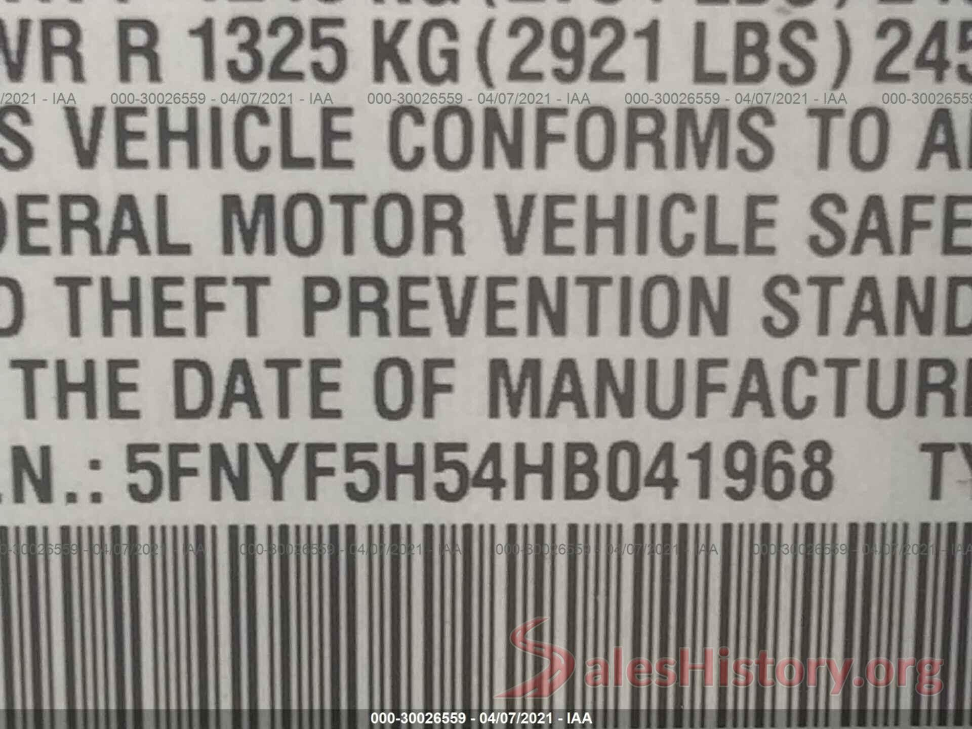 5FNYF5H54HB041968 2017 HONDA PILOT