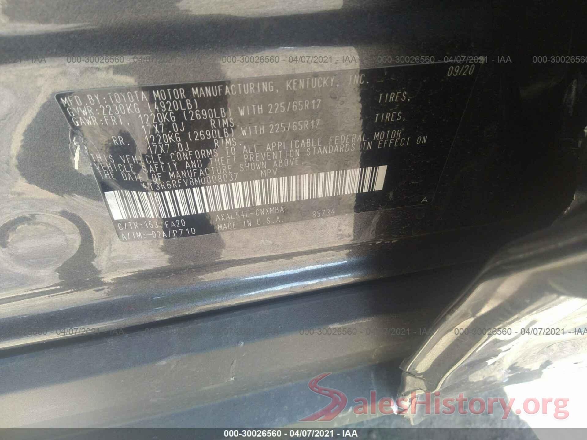 4T3R6RFV8MU008037 2021 TOYOTA RAV4