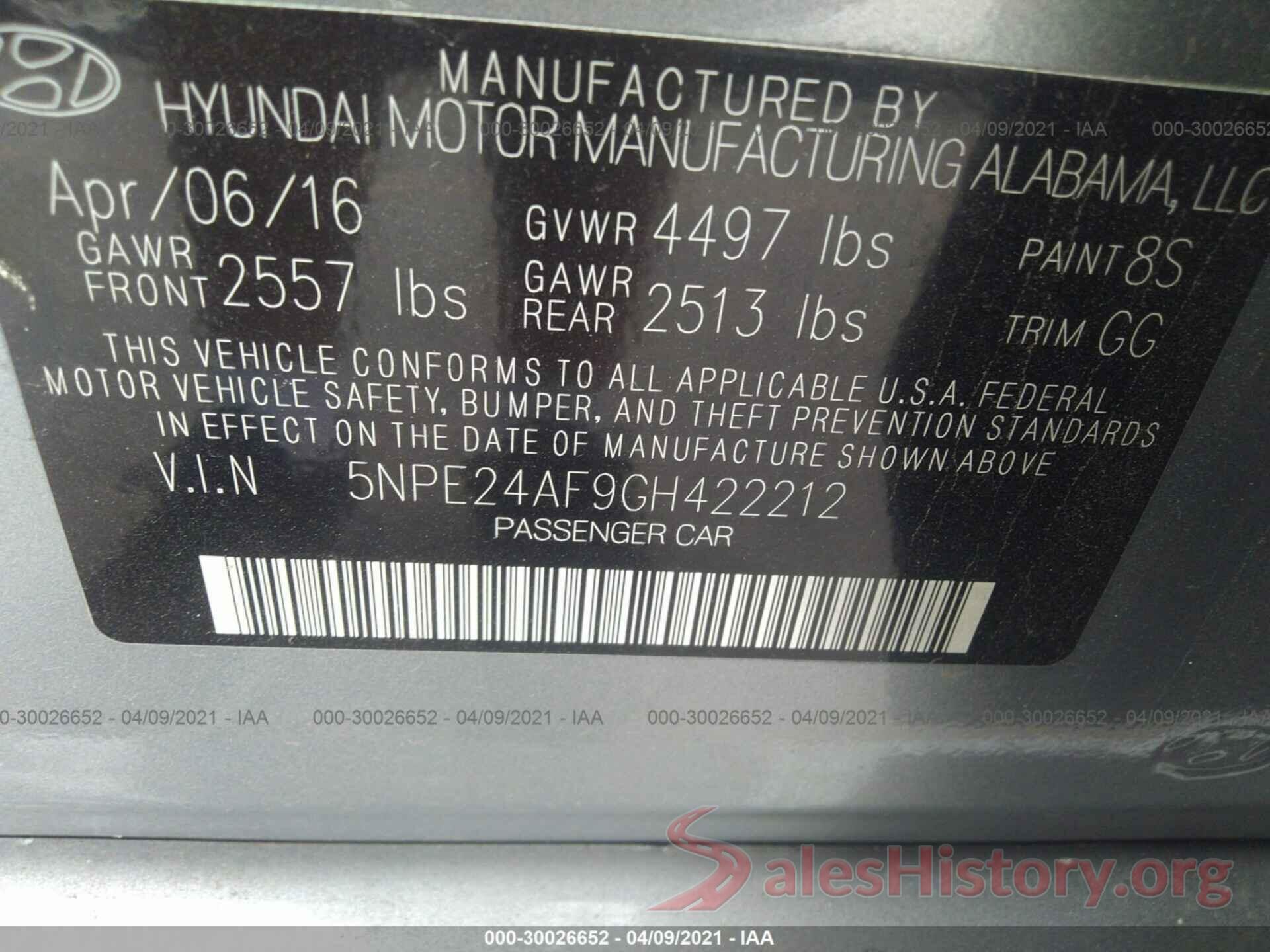 5NPE24AF9GH422212 2016 HYUNDAI SONATA